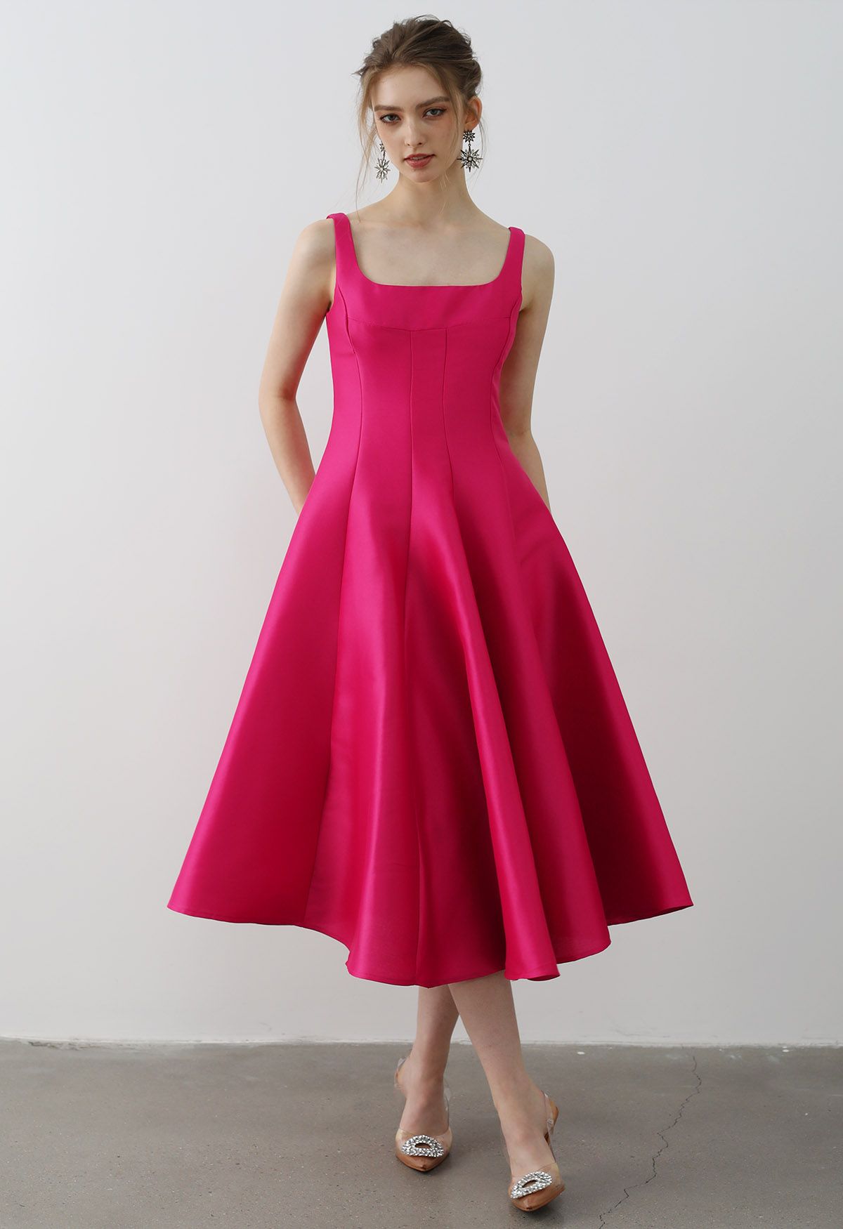 Polished Satin Flared Hem Cami Dress in Magenta