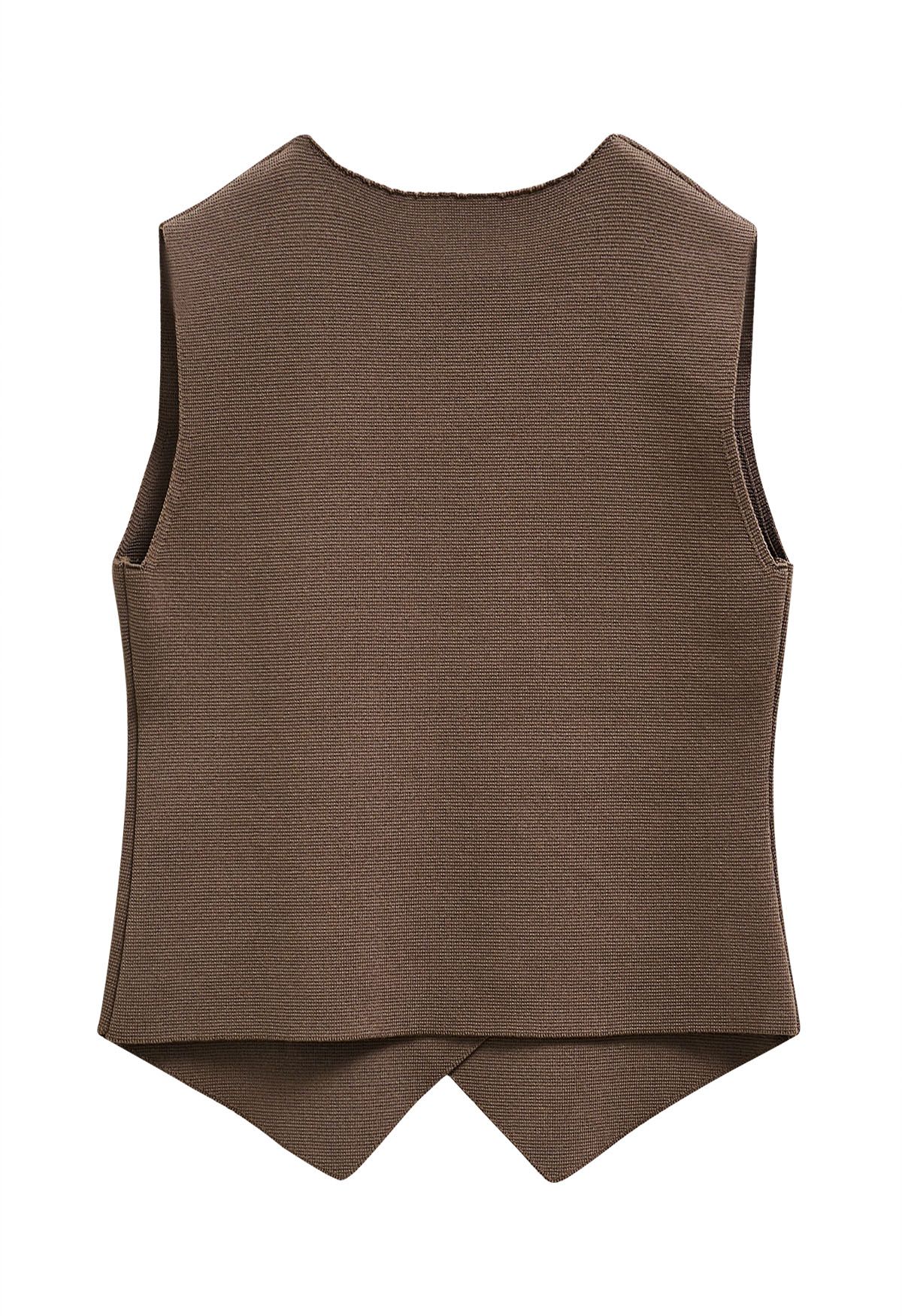 Asymmetric Hem Double-Breasted Knit Vest in Brown