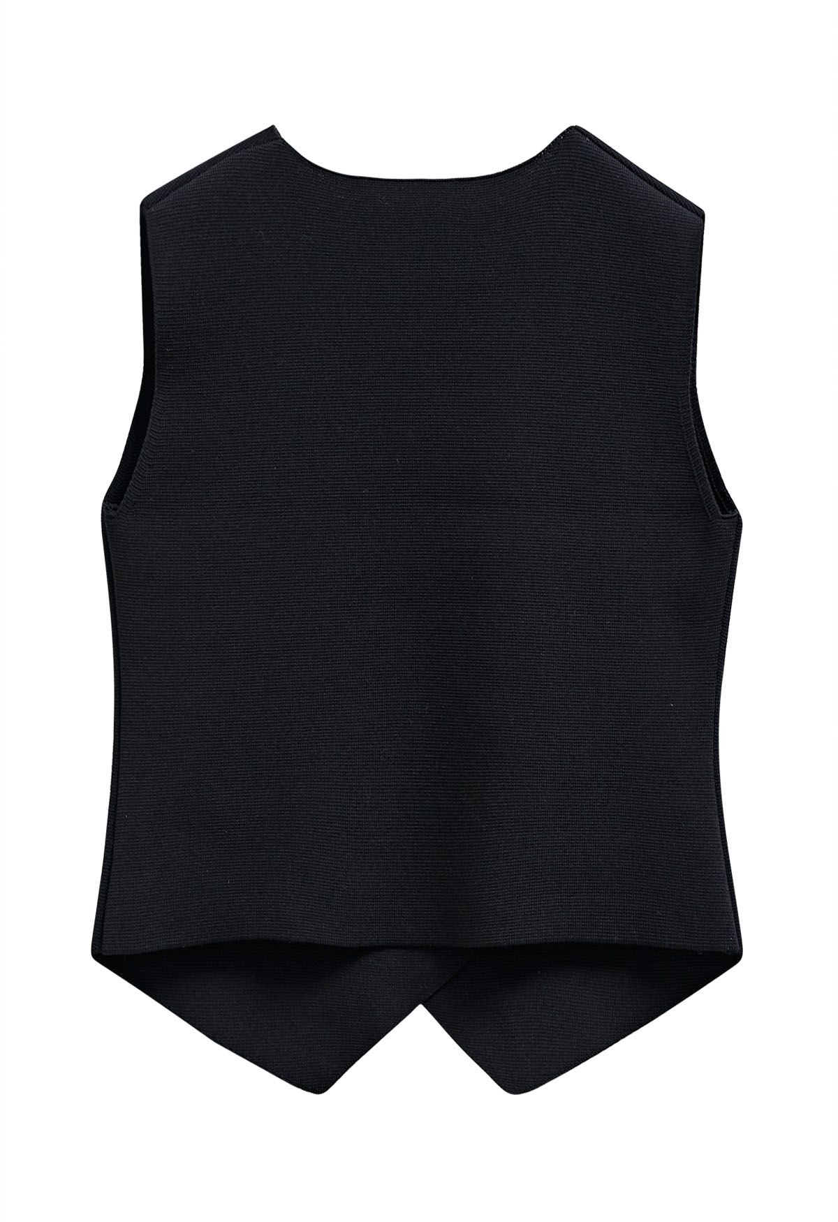 Asymmetric Hem Double-Breasted Knit Vest in Black