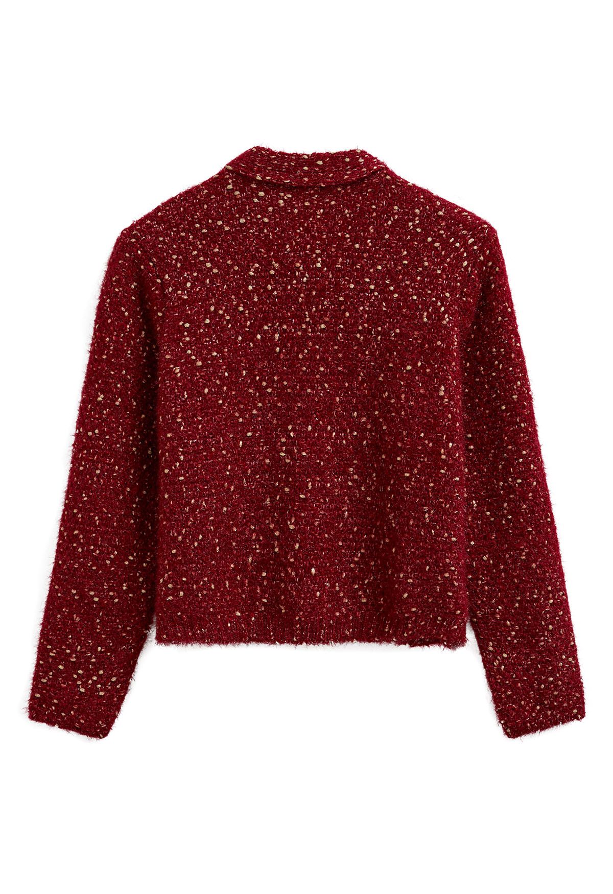 Fuzzy Mix-Knit Button Down Cardigan in Red