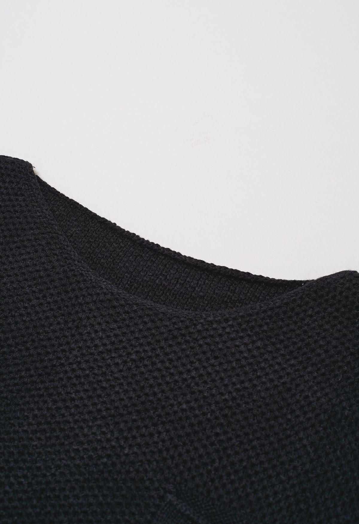 Buttons Decorated Pocket Waffle Knit Sweater in Black