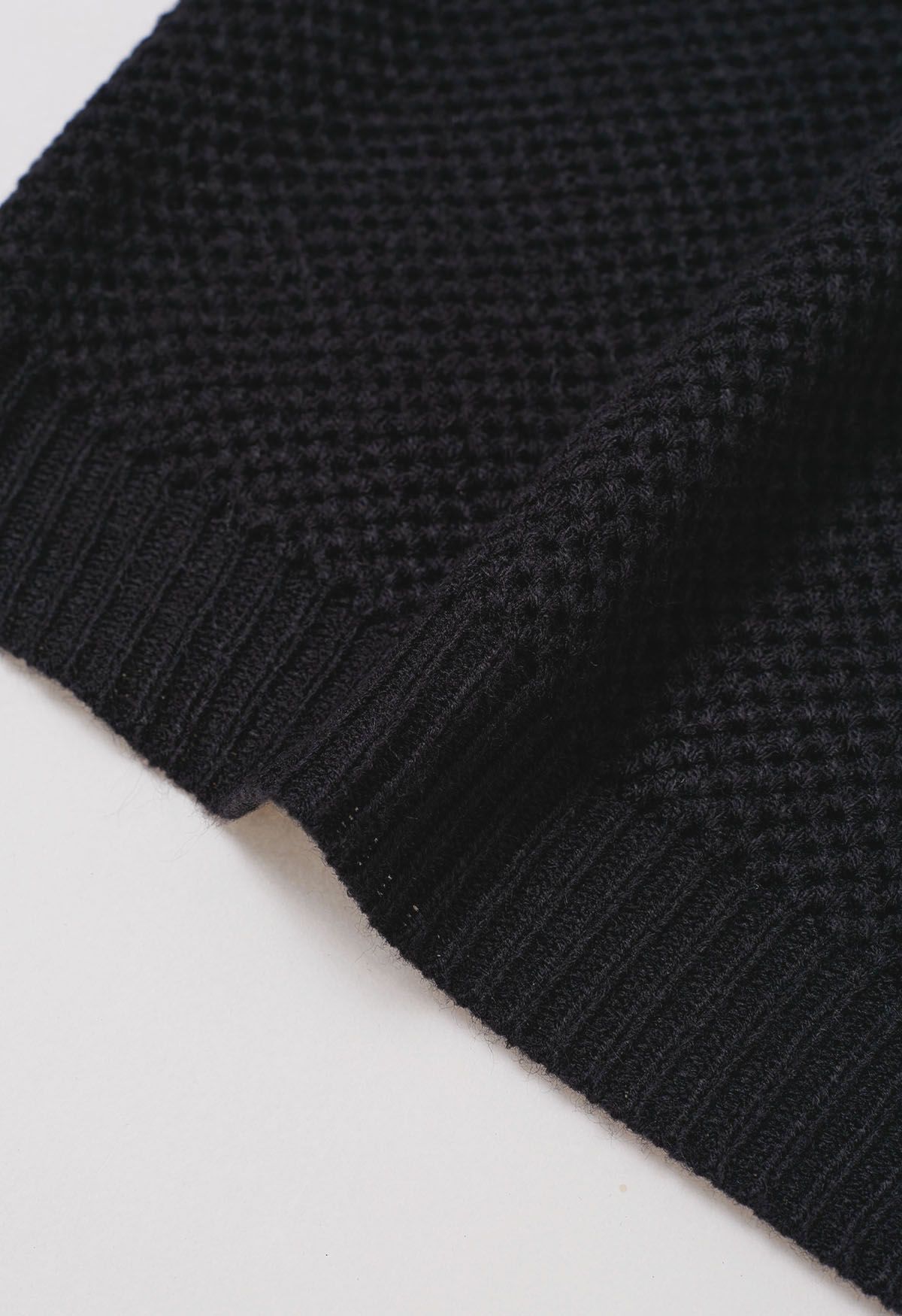 Buttons Decorated Pocket Waffle Knit Sweater in Black