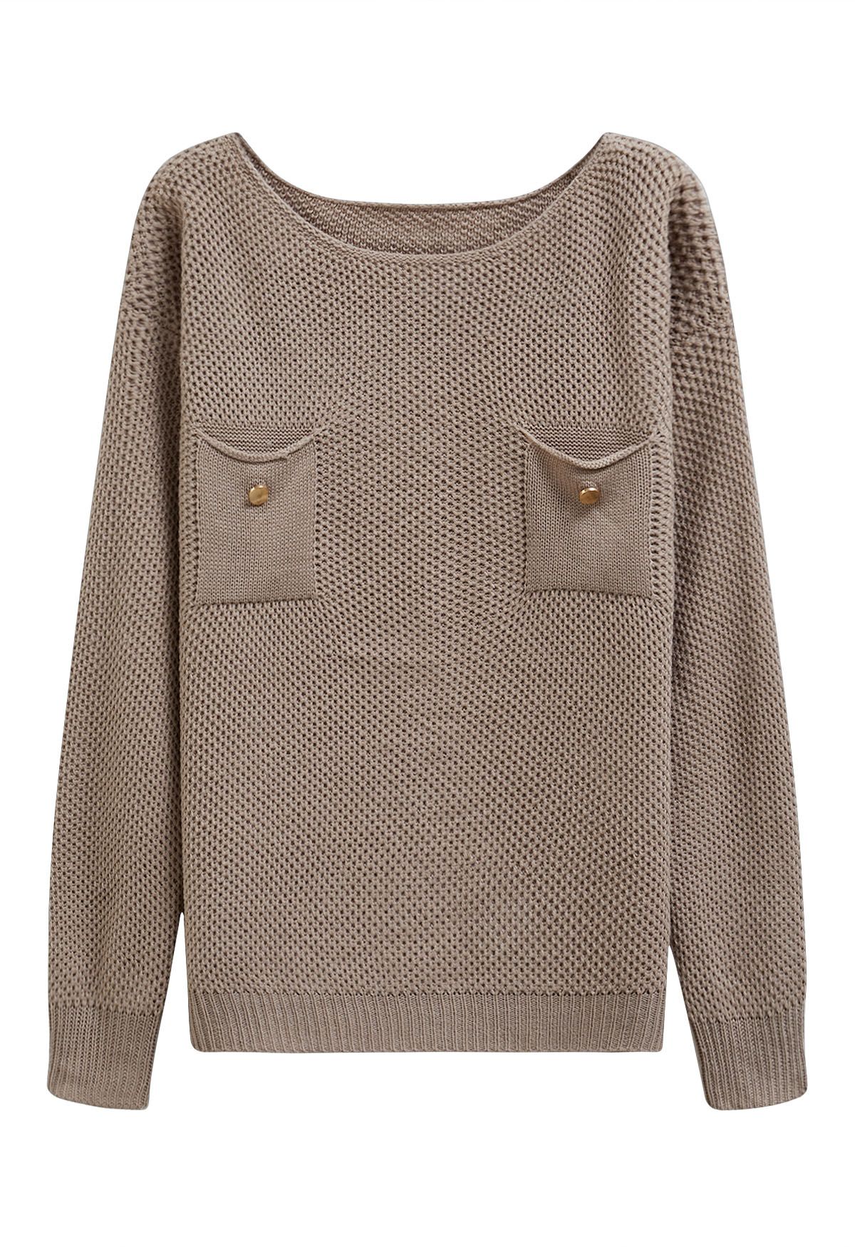 Buttons Decorated Pocket Waffle Knit Sweater in Khaki