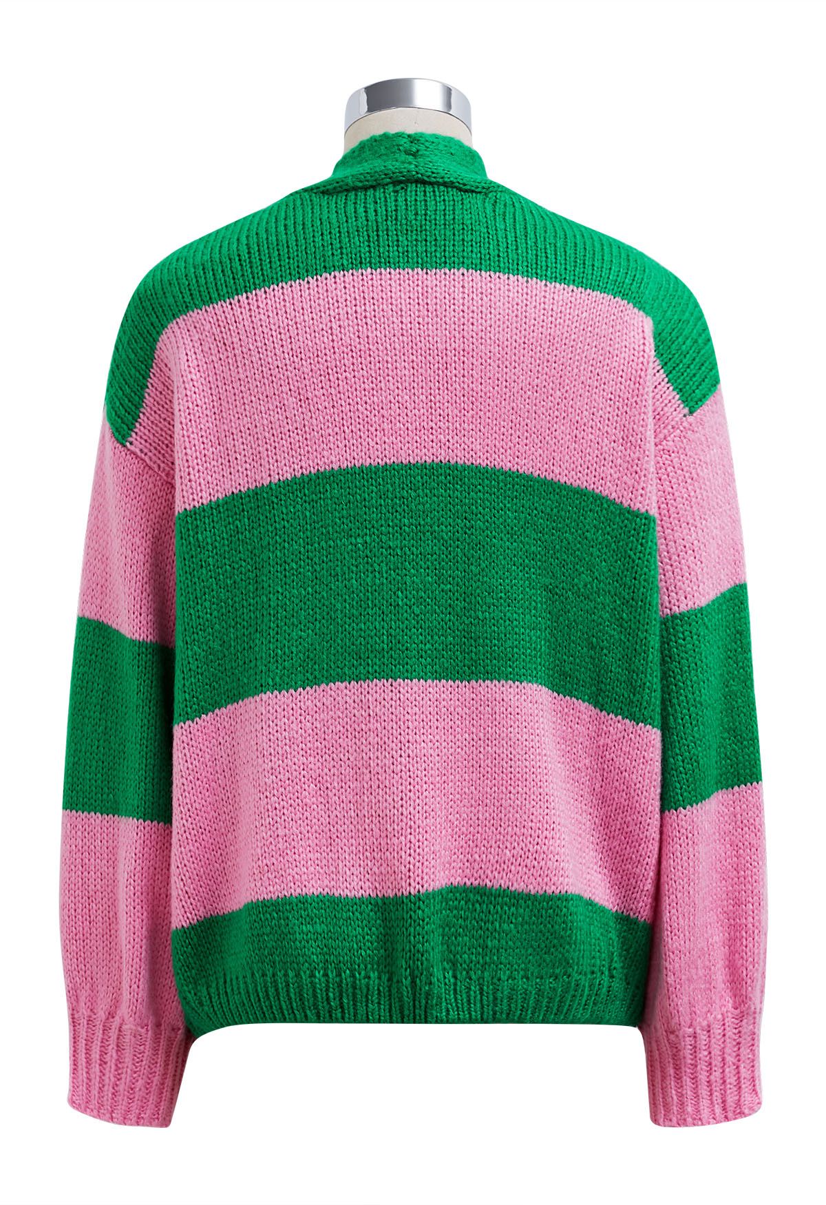 Striped Color Block Open Front Knit Cardigan in Green