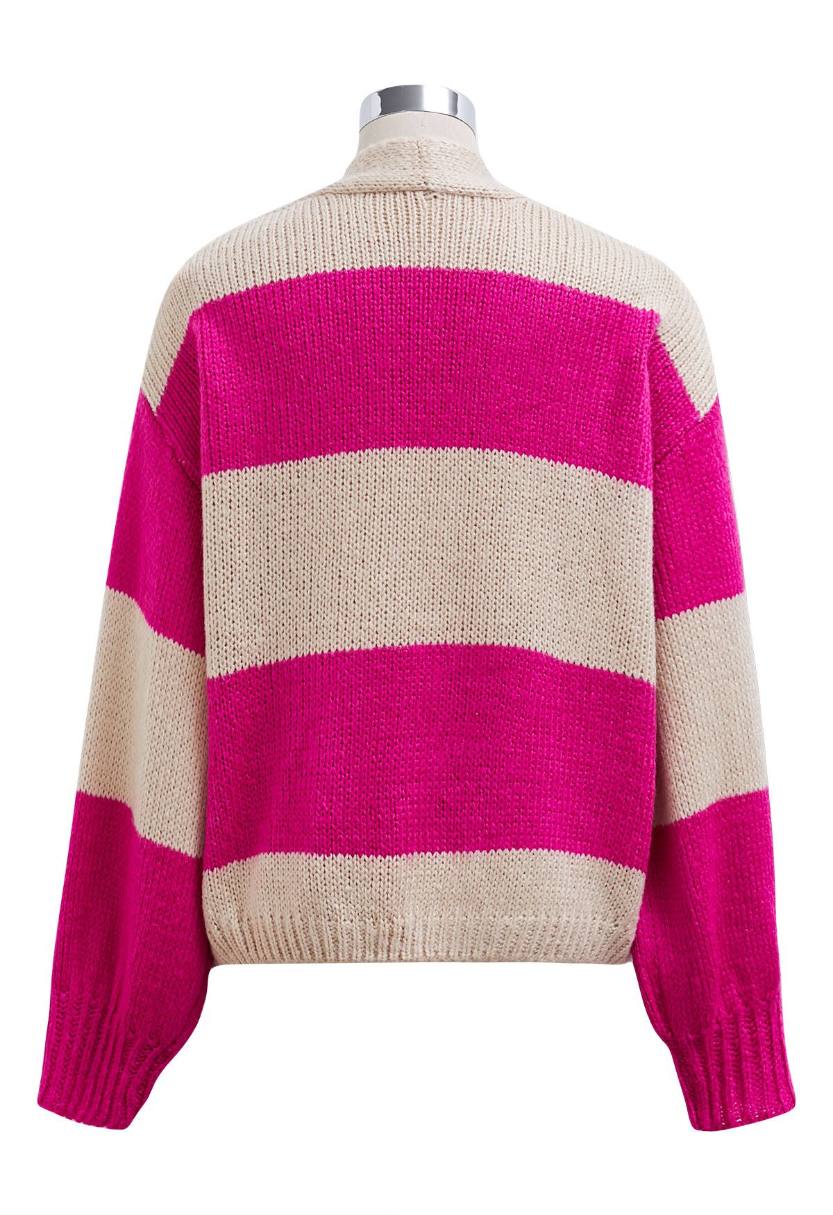 Striped Color Block Open Front Knit Cardigan in Hot Pink