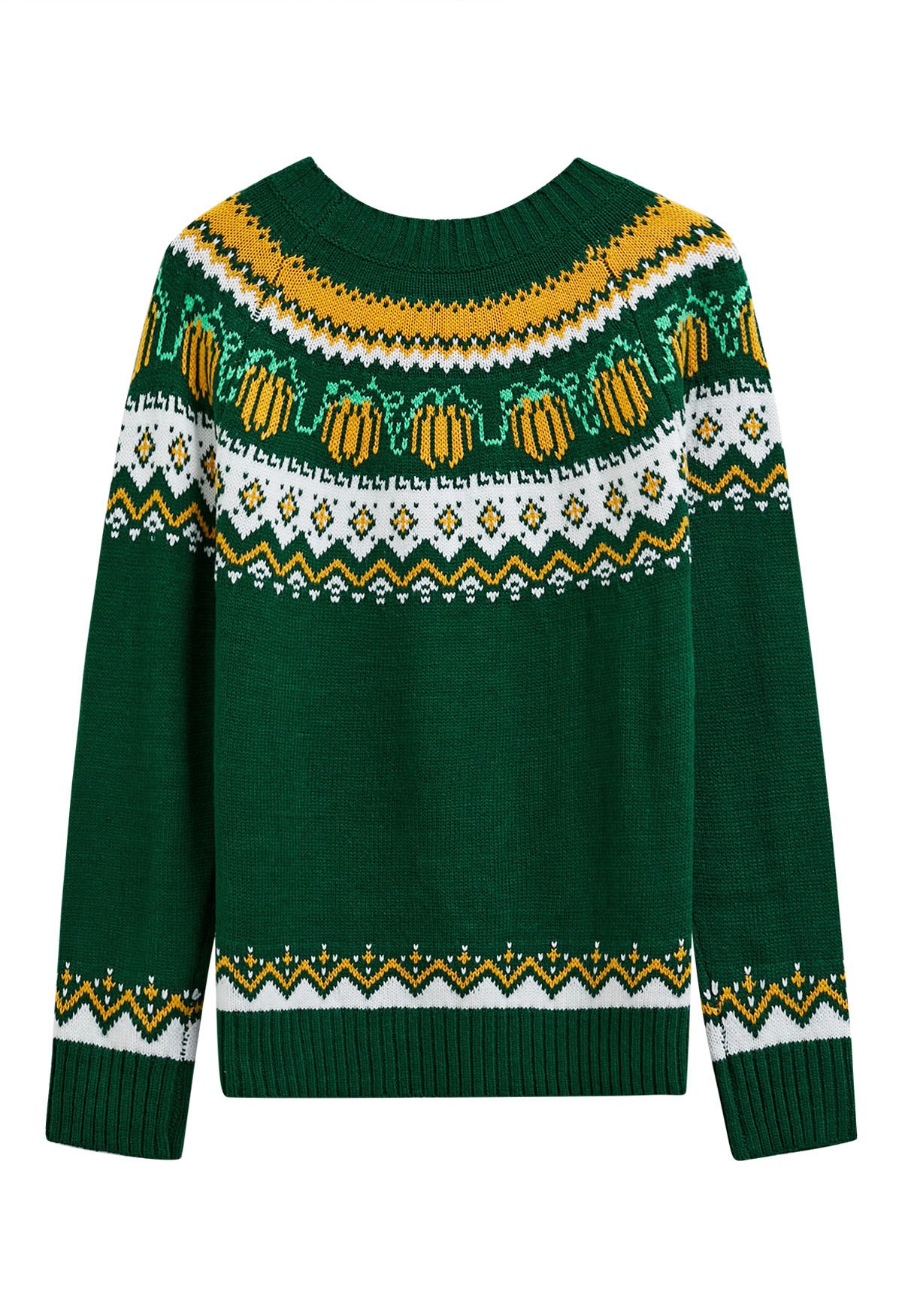 Pumpkin Delight Long Sleeves Knit Sweater in Green