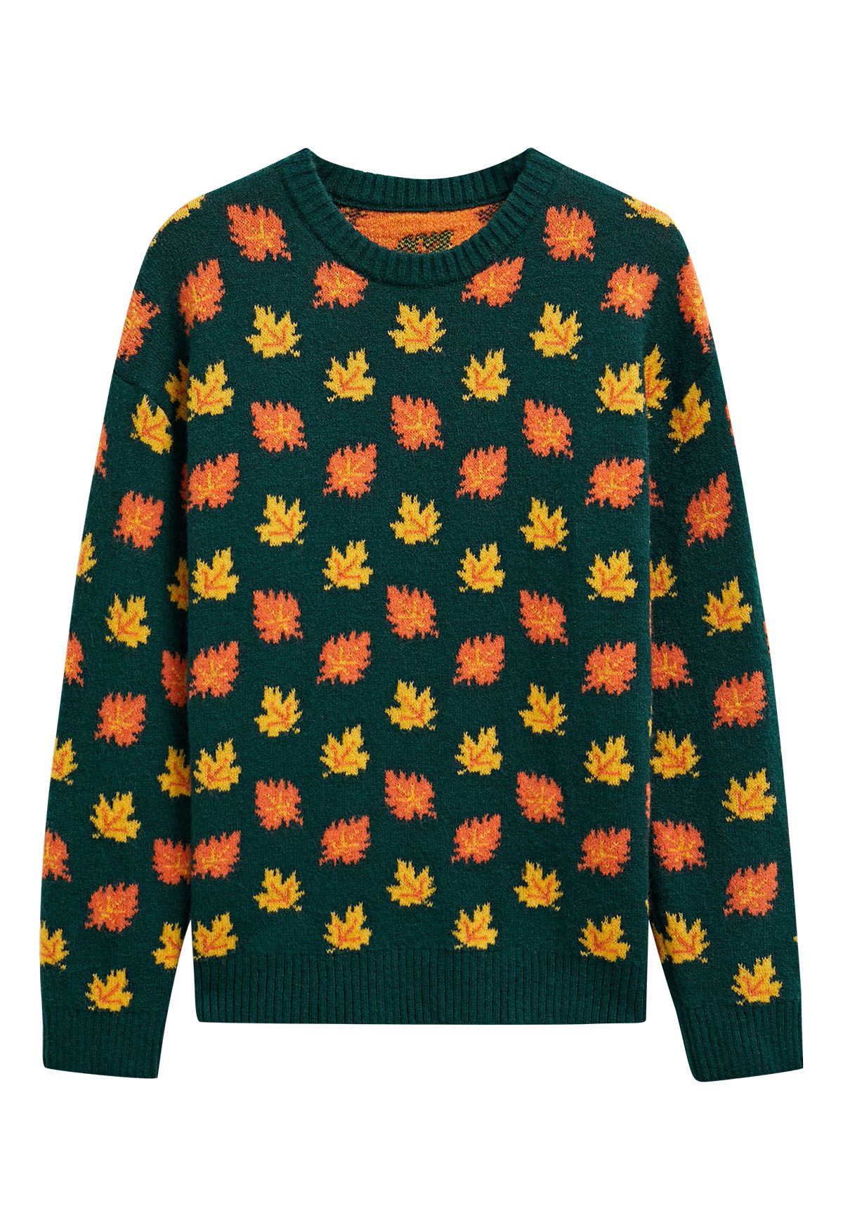 Maple Leaf Long Sleeves Oversized Knit Sweater in Green