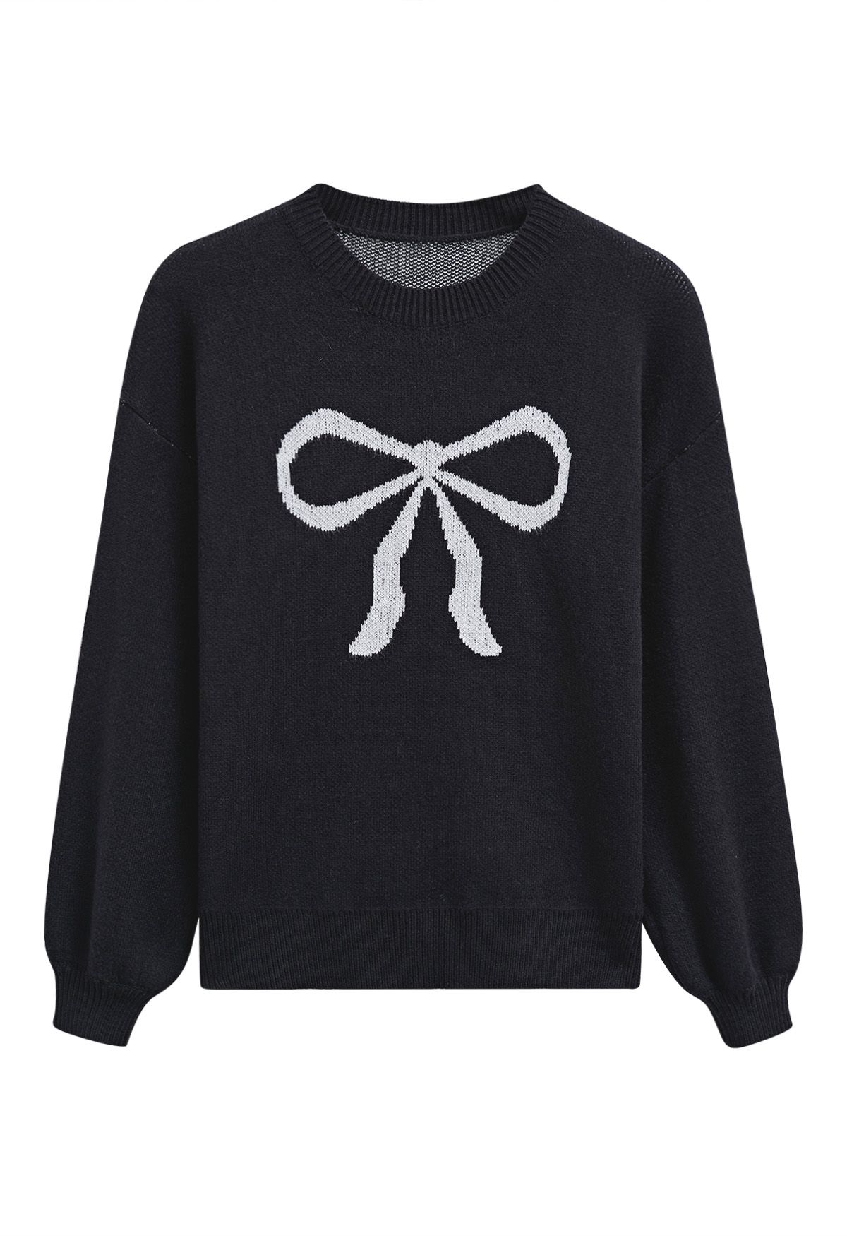 Ribbon Bowknot Pattern Jacquard Knit Sweater in Black