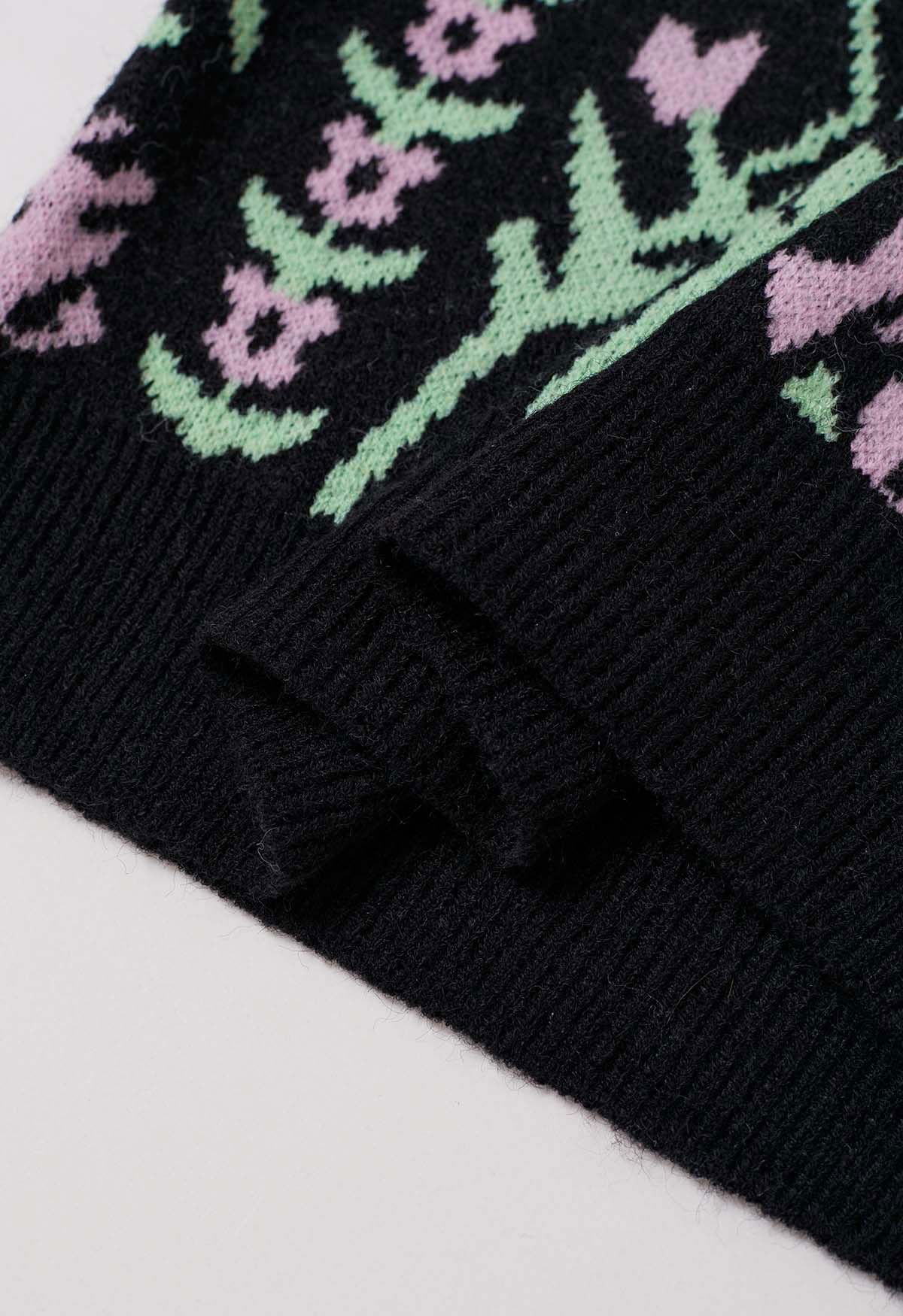 Floral Branch Jacquard Knit Sweater in Black