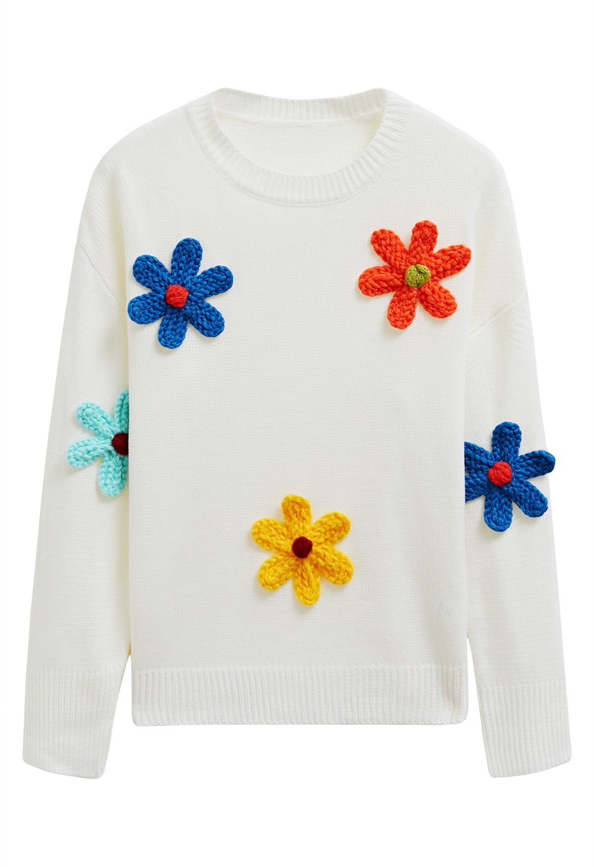 Colorful 3D Stitch Flower Knit Sweater in White