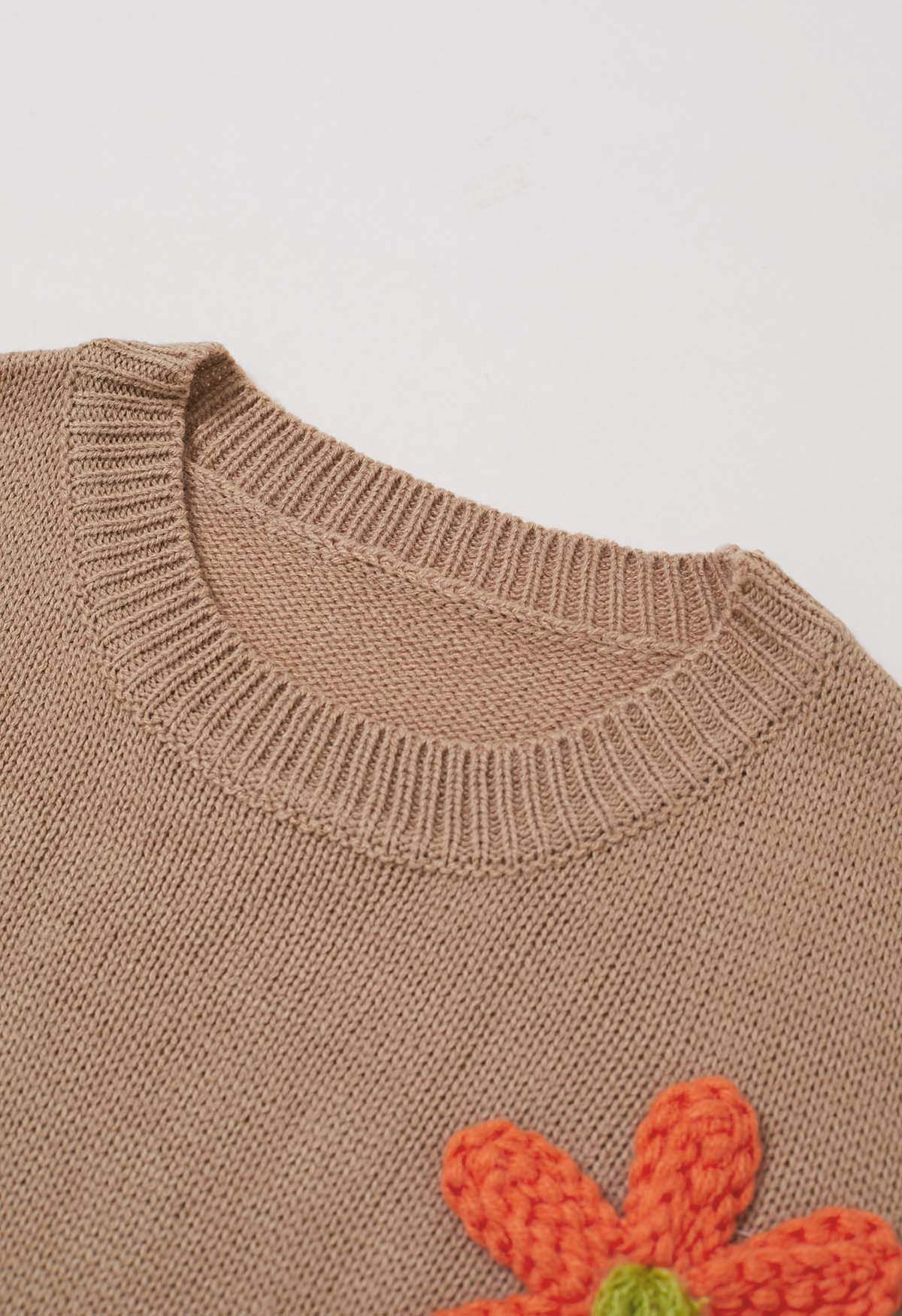 Colorful 3D Stitch Flower Knit Sweater in Tan