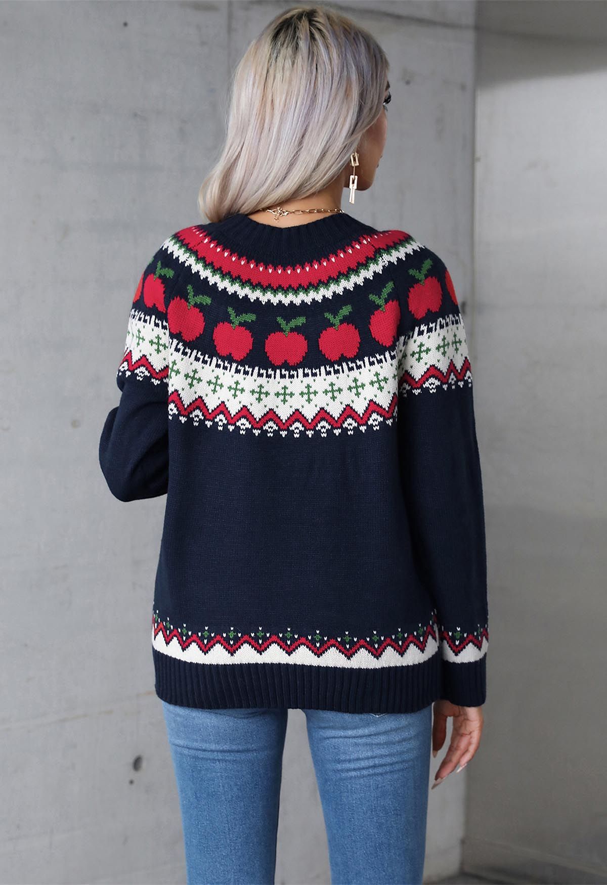 Apple Delight Long Sleeves Knit Sweater in Navy