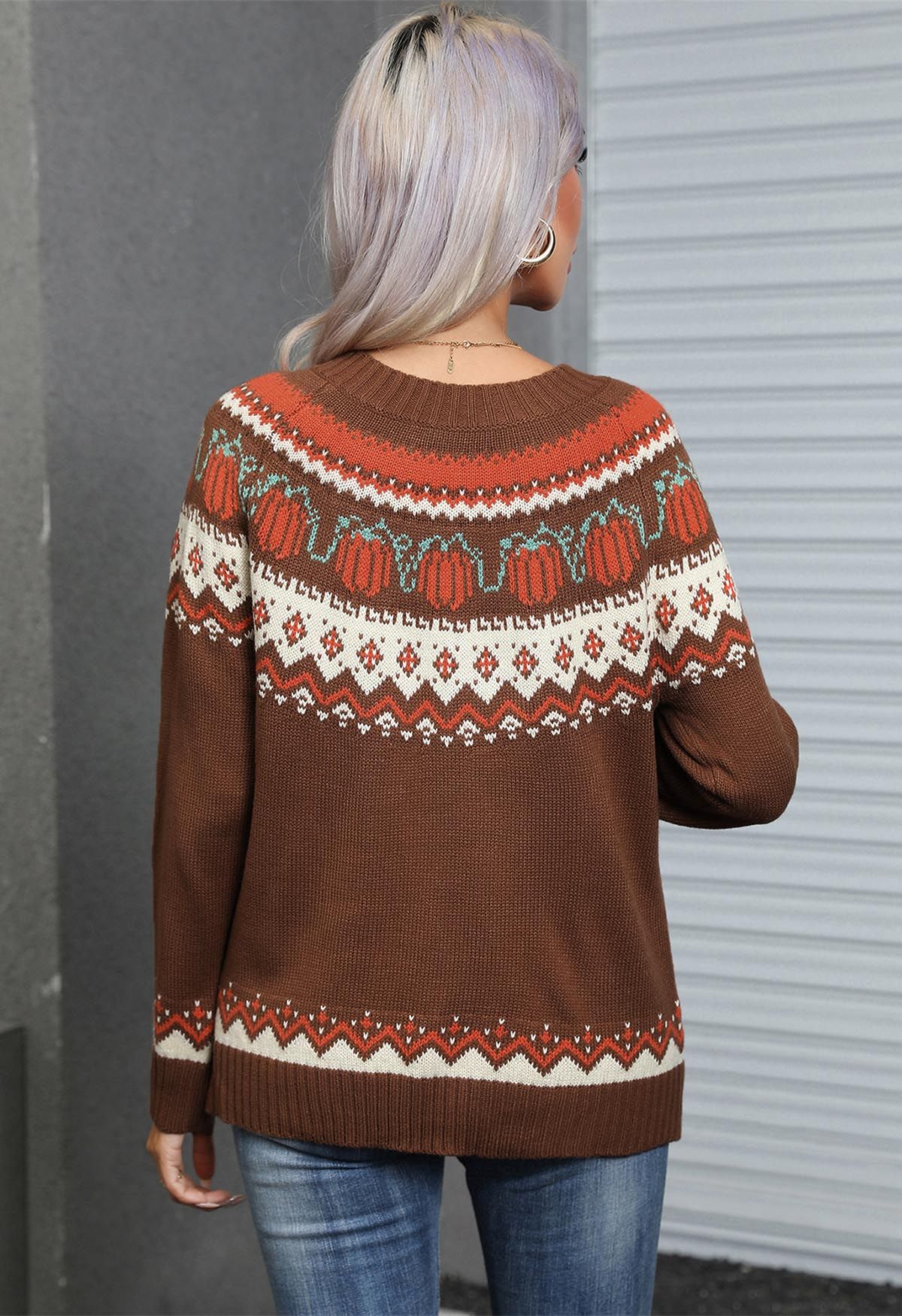 Pumpkin Delight Long Sleeves Knit Sweater in Brown