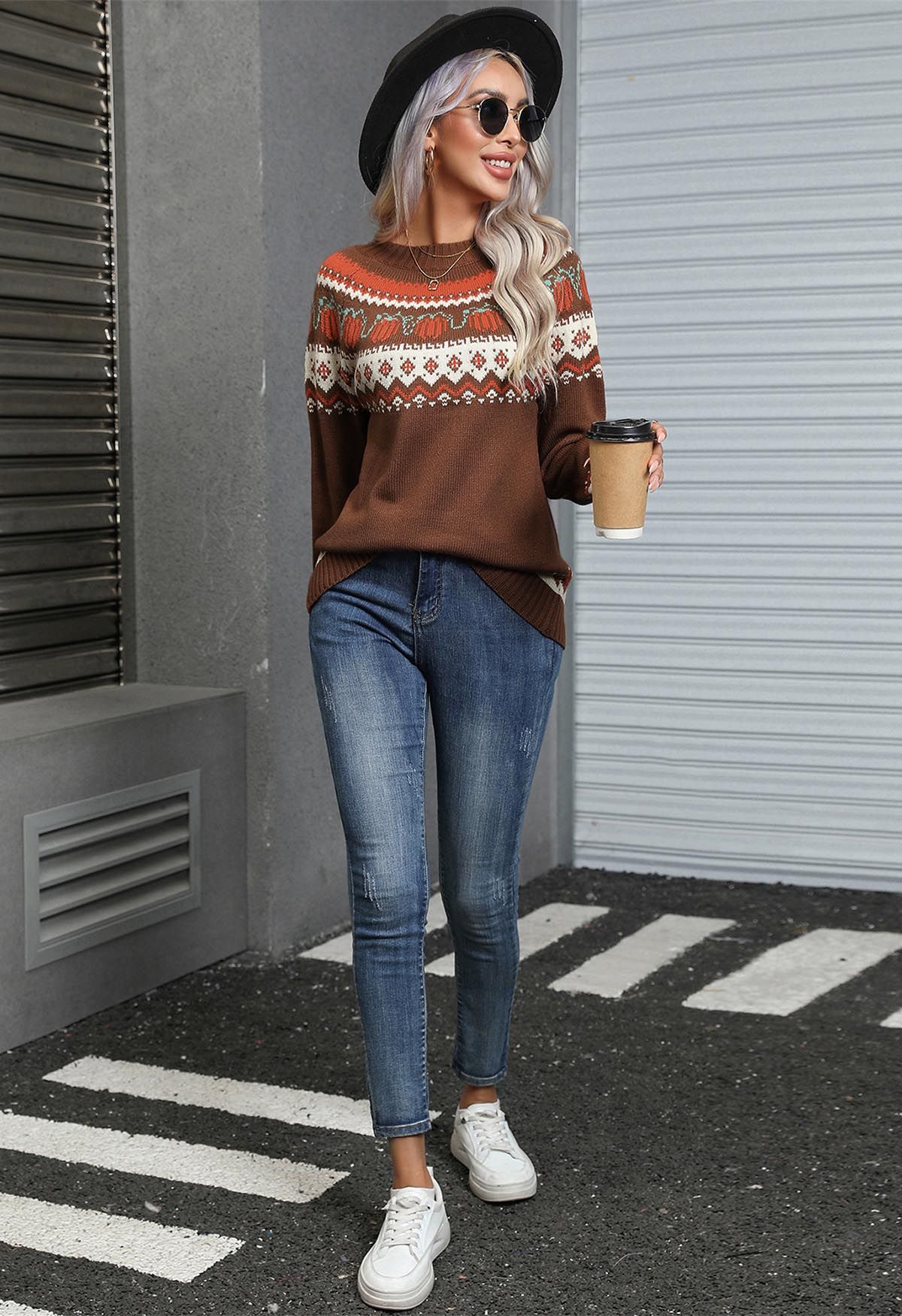 Pumpkin Delight Long Sleeves Knit Sweater in Brown