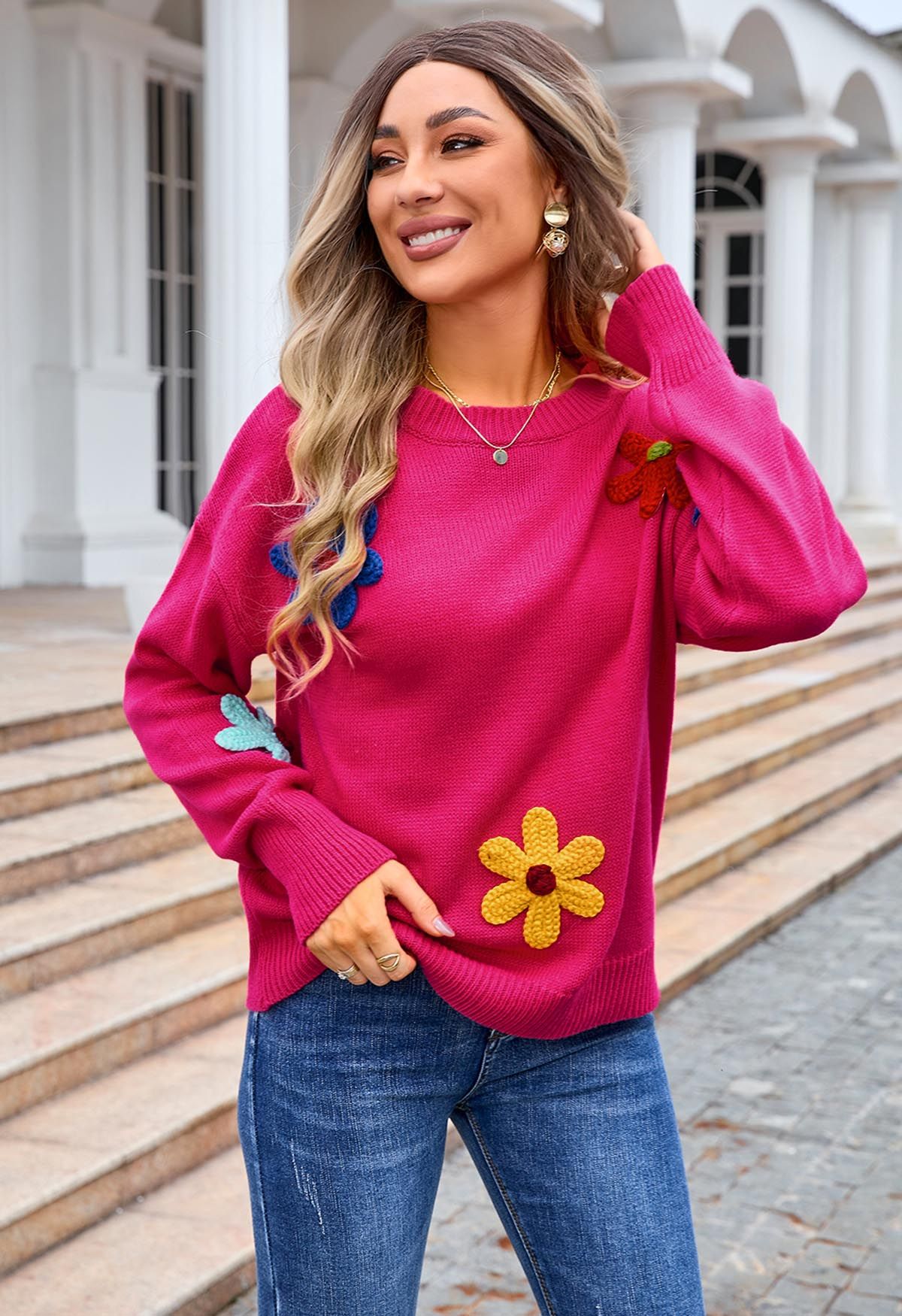 Colorful 3D Stitch Flower Knit Sweater in Hot Pink