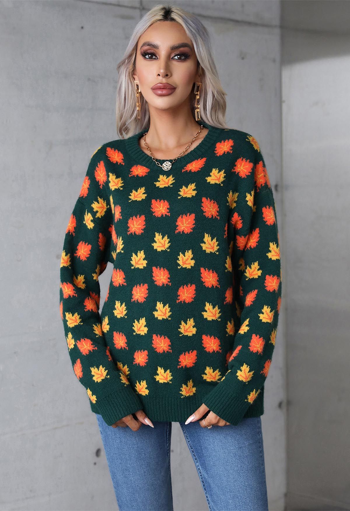 Maple Leaf Long Sleeves Oversized Knit Sweater in Green