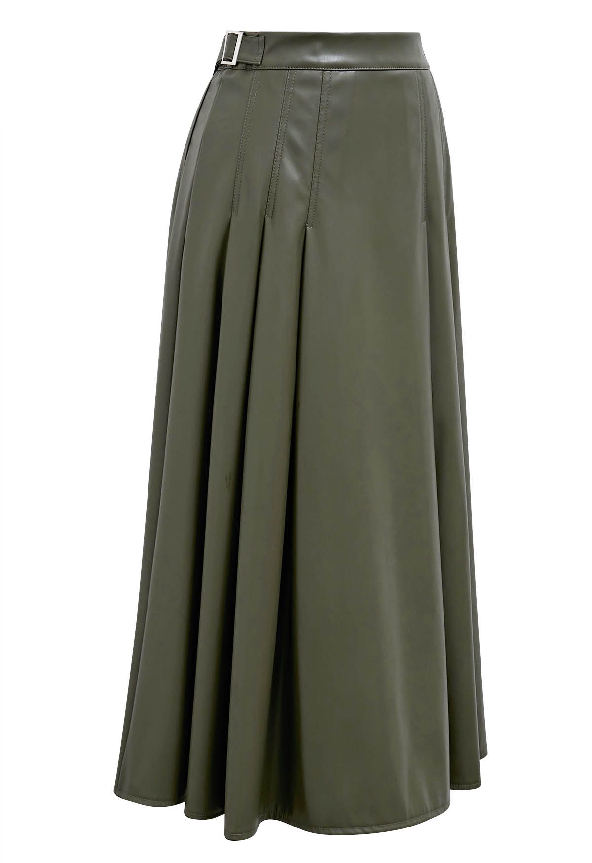 Side Belt Faux Leather Pleated Midi Skirt in Army Green