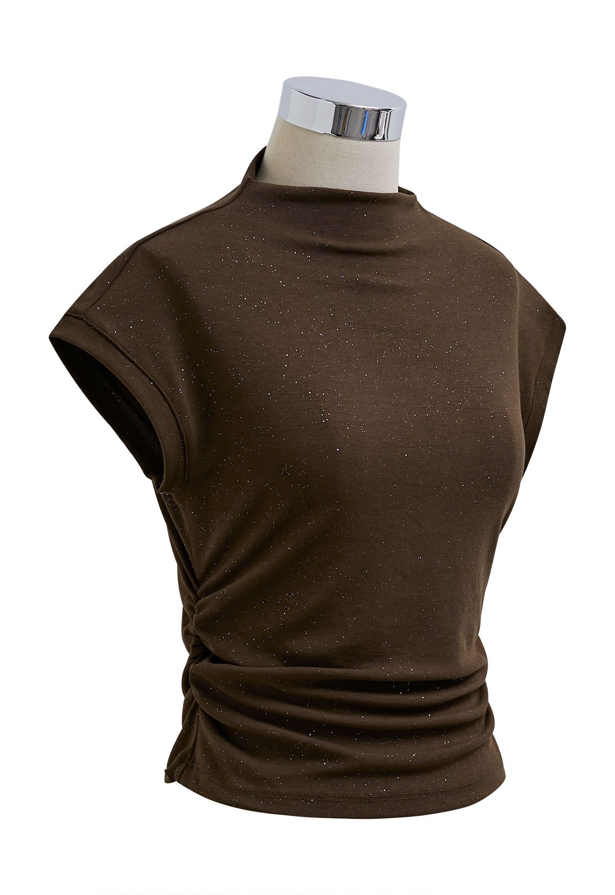 Shimmering Ruched Waist Cap Sleeves Top in Brown