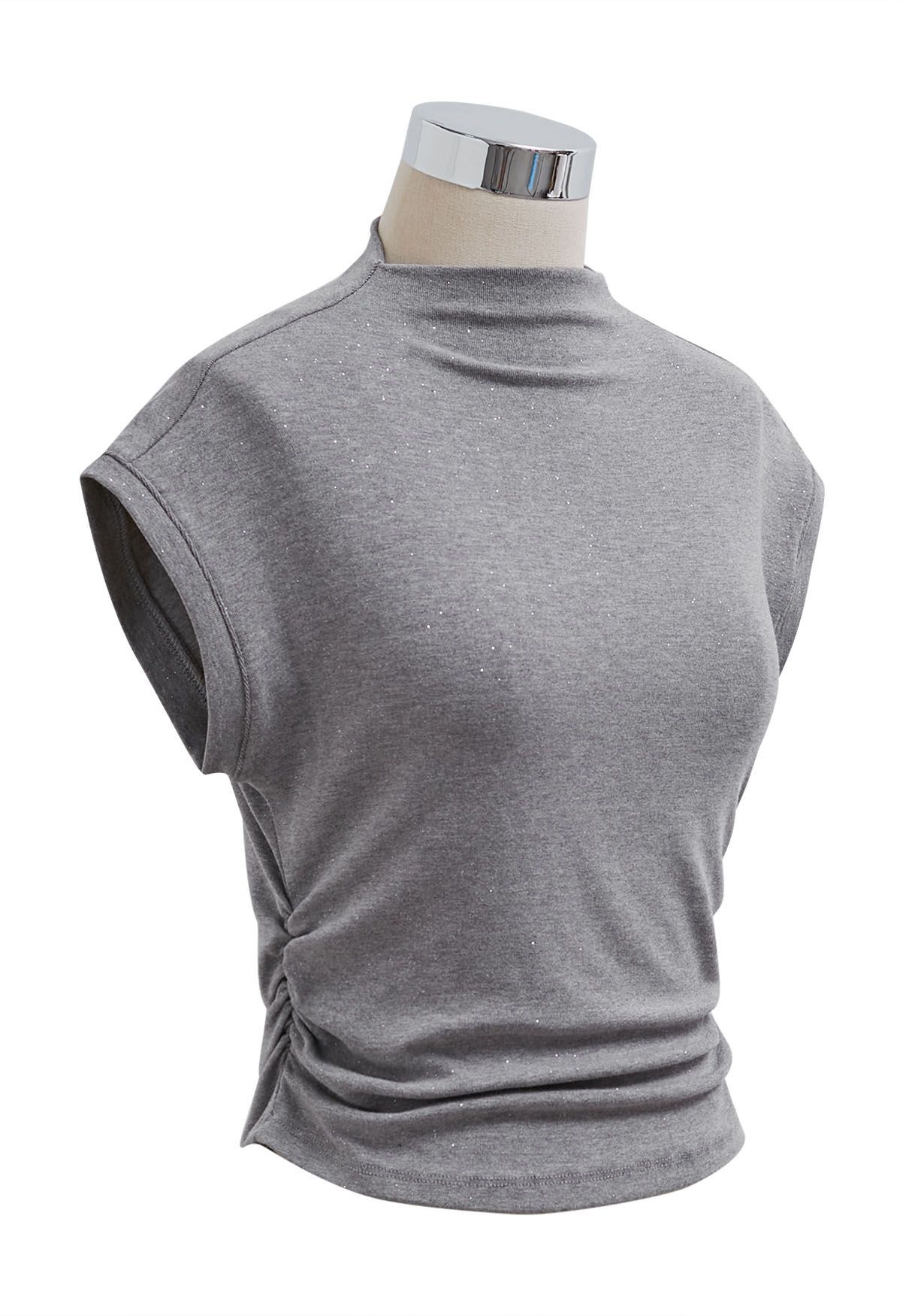 Shimmering Ruched Waist Cap Sleeves Top in Grey