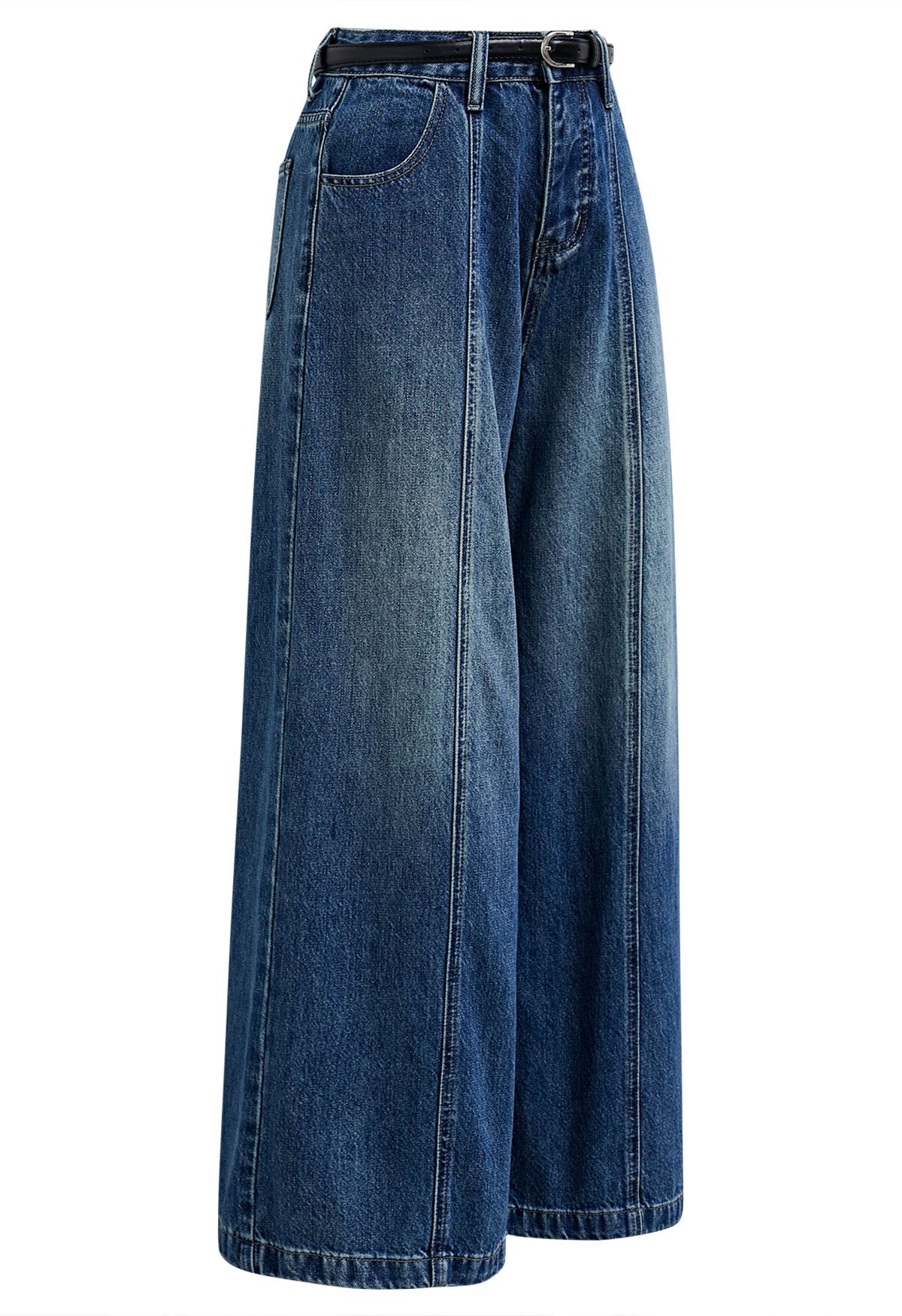 Iconic Silhouette Belted Palazzo Jeans in Blue