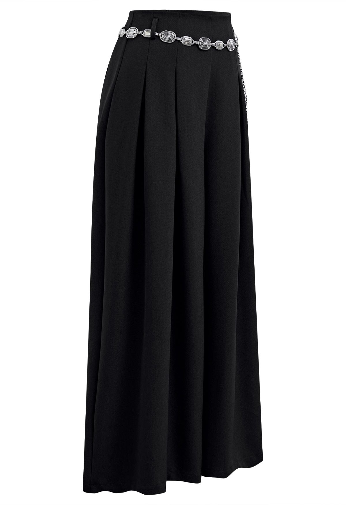 Chain-Embellished Pleated Palazzo Pants in Black