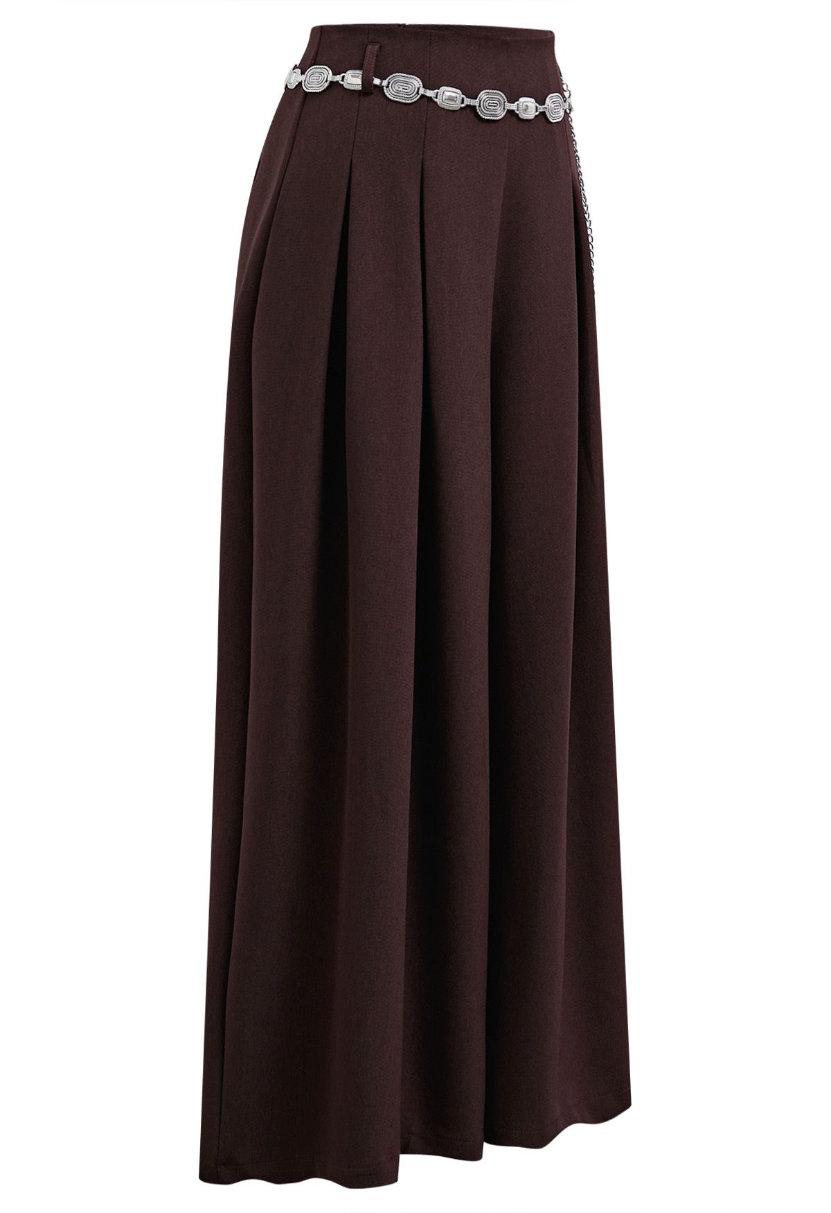 Chain-Embellished Pleated Palazzo Pants in Burgundy