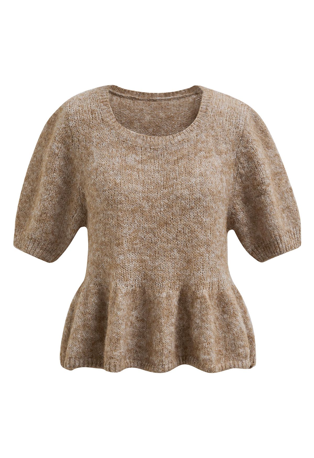 Peplum Flair Fuzzy Knit Top in Tan