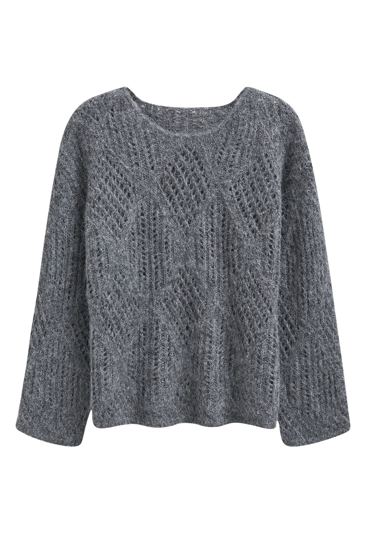 Diamond Pattern Hollow Fuzzy Knit Sweater in Smoke