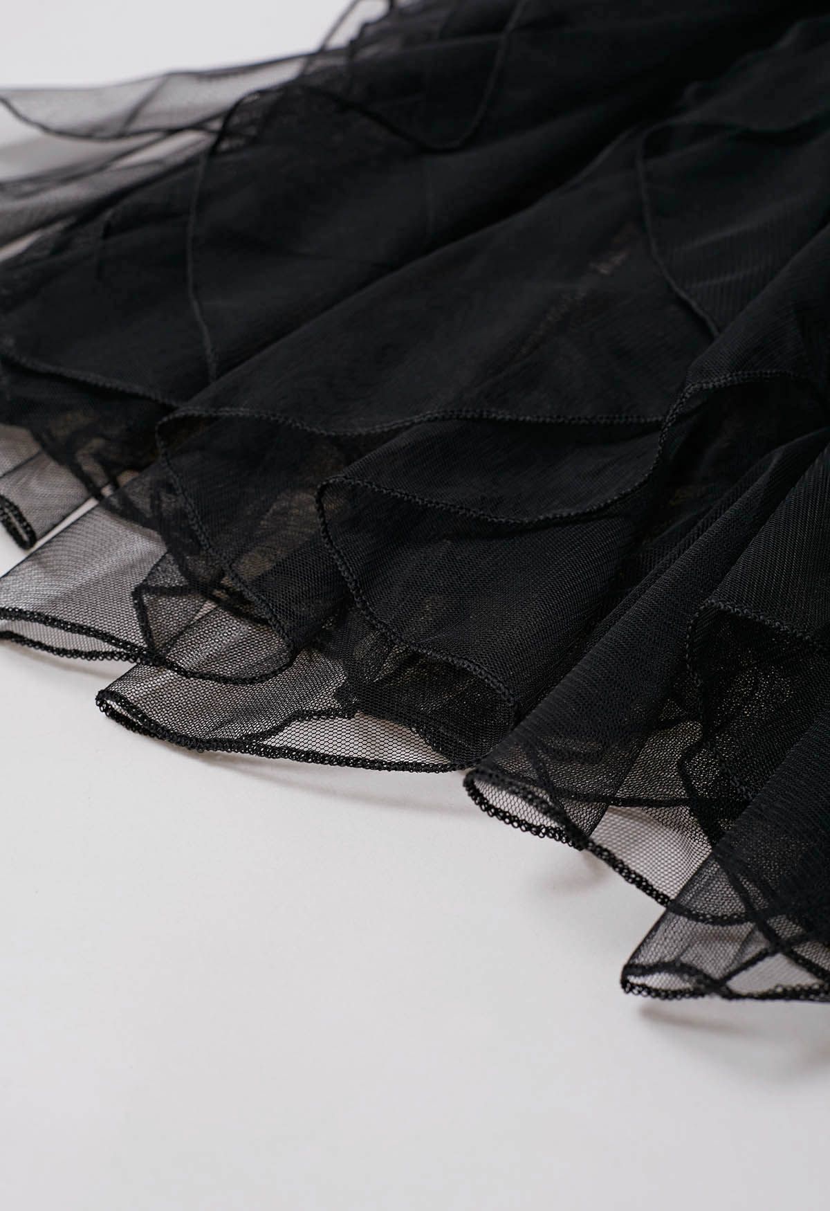 Rippling Attraction Panelled Mesh Tulle Skirt in Black