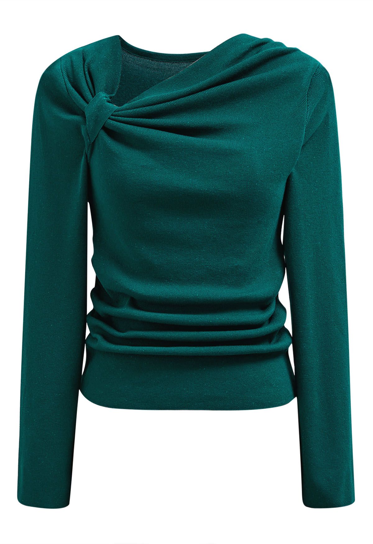 Side Knot Ruched Long-Sleeve Knit Top in Emerald