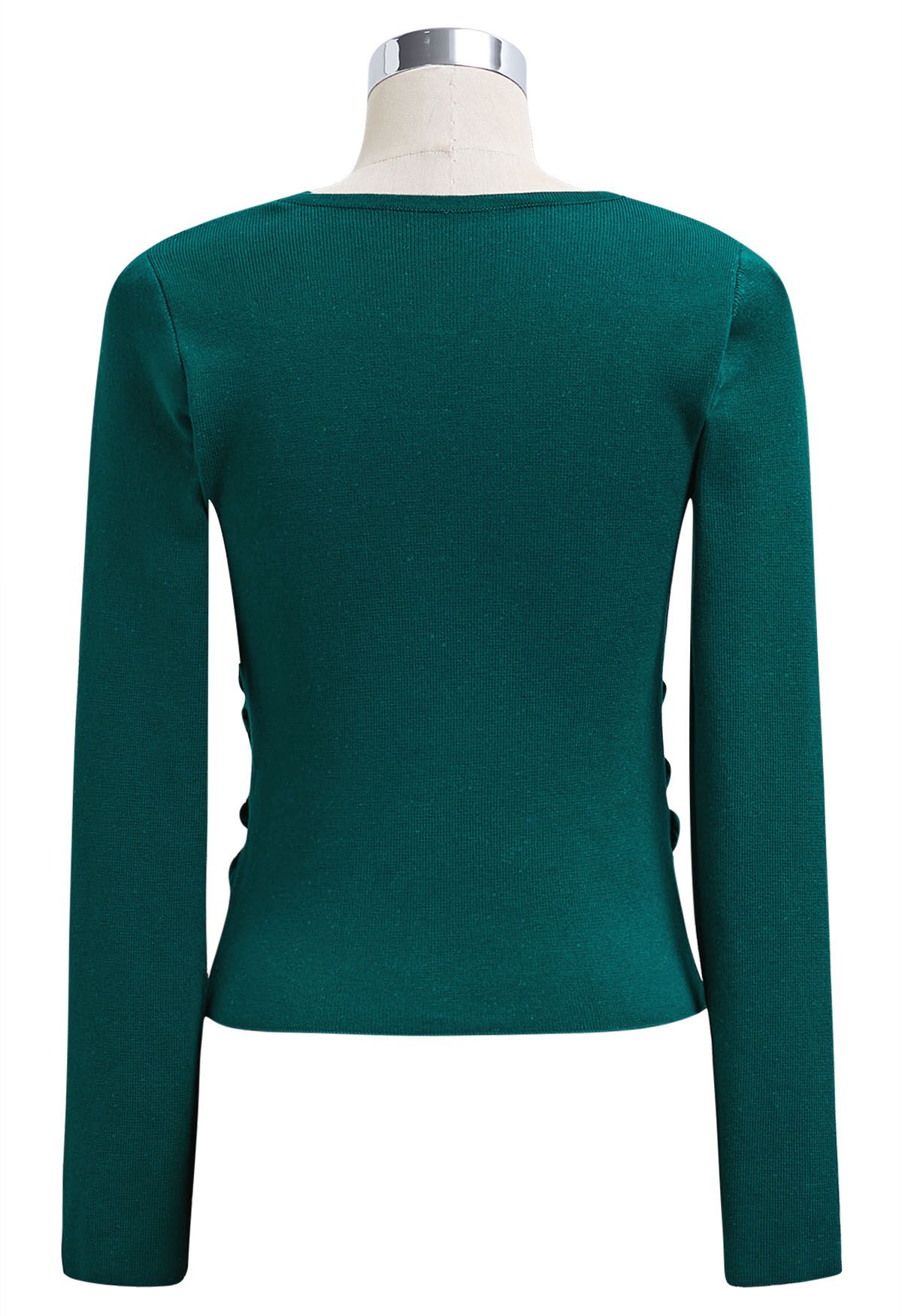 Side Knot Ruched Long-Sleeve Knit Top in Emerald