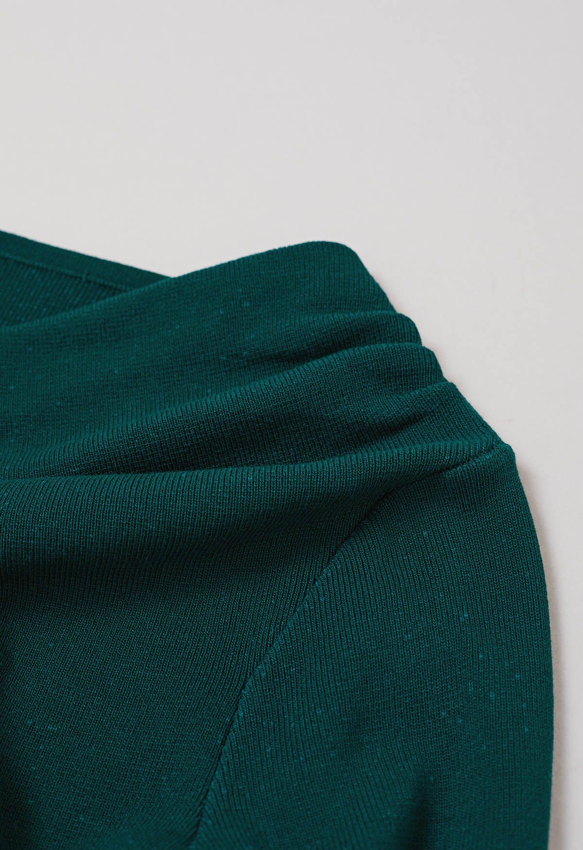 Side Knot Ruched Long-Sleeve Knit Top in Emerald