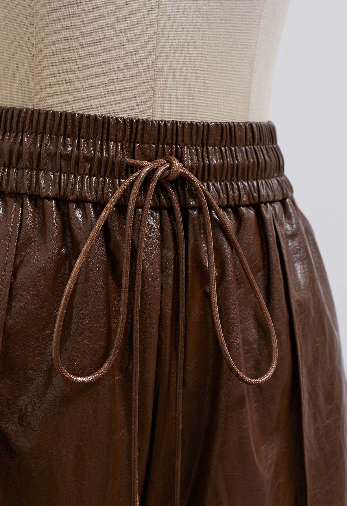 Urban Chic Faux Leather Drawstring Shorts in Brown