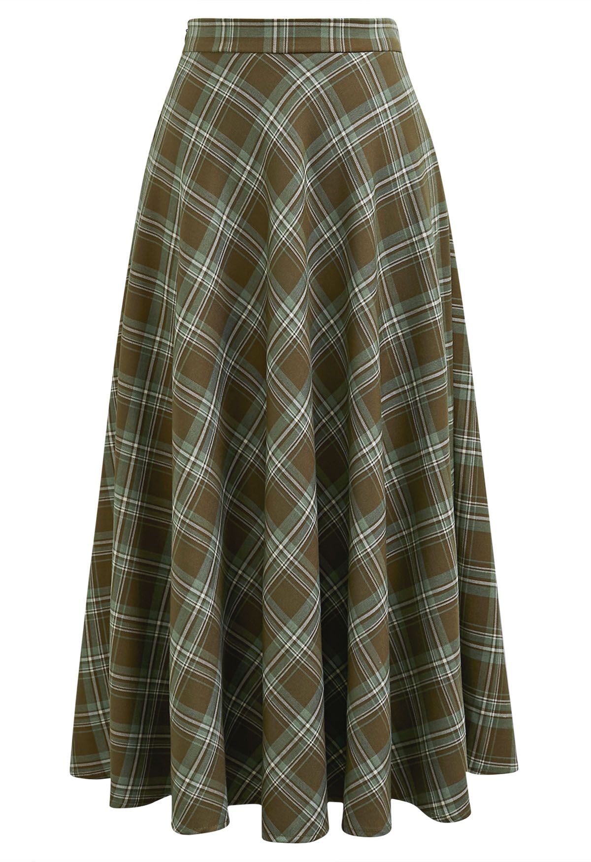 Plaid Charm Flare Midi Skirt in Army Green