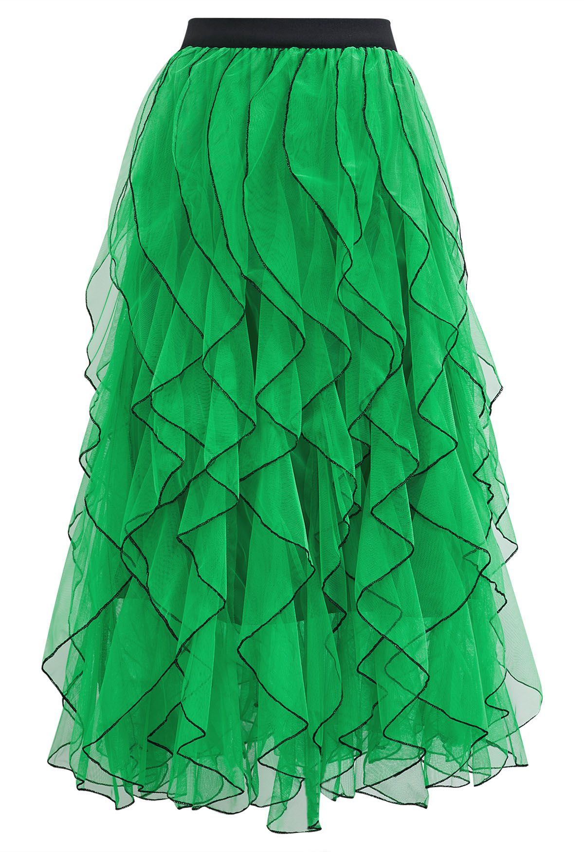 Rippling Attraction Panelled Mesh Tulle Skirt in Green