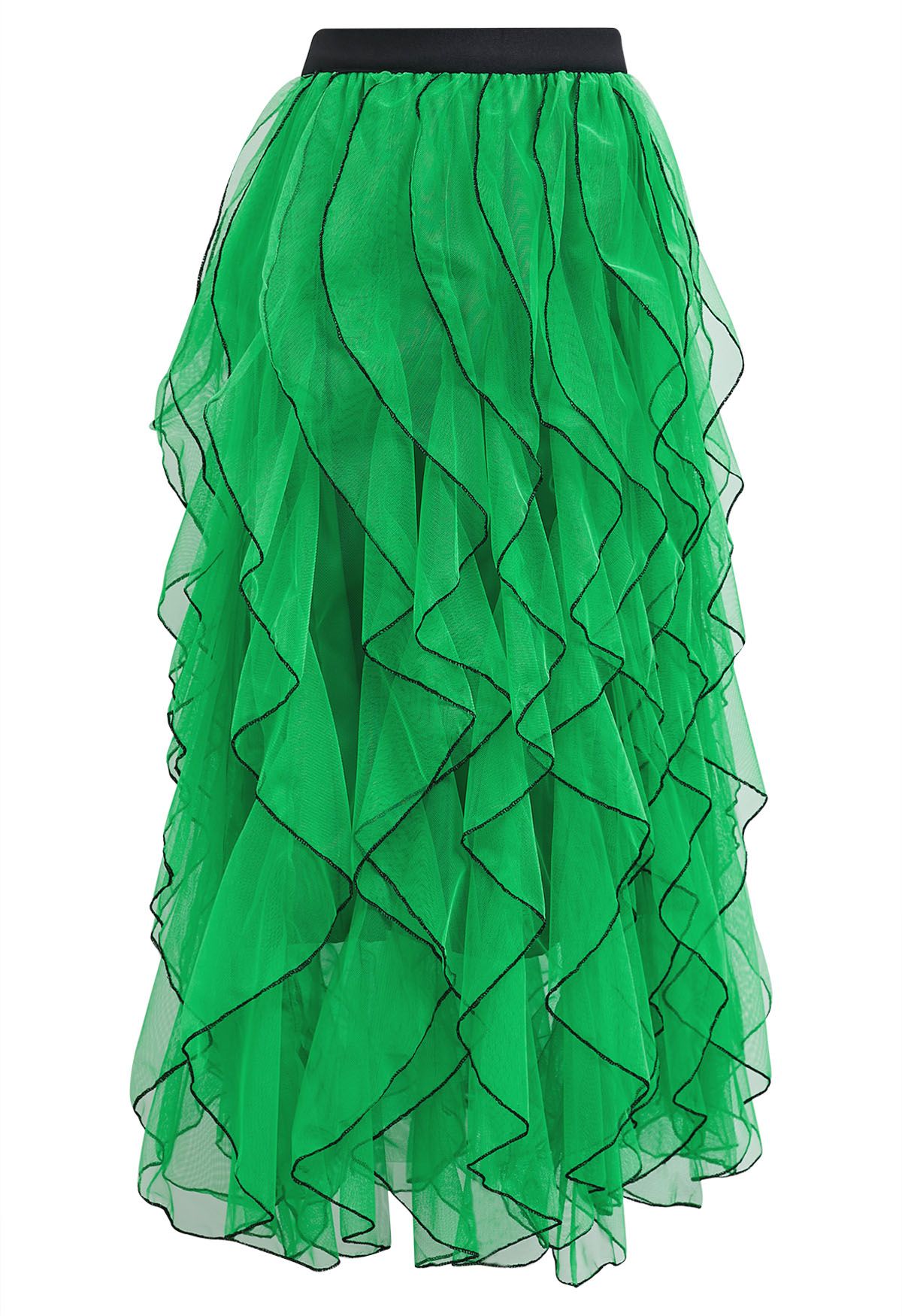 Rippling Attraction Panelled Mesh Tulle Skirt in Green