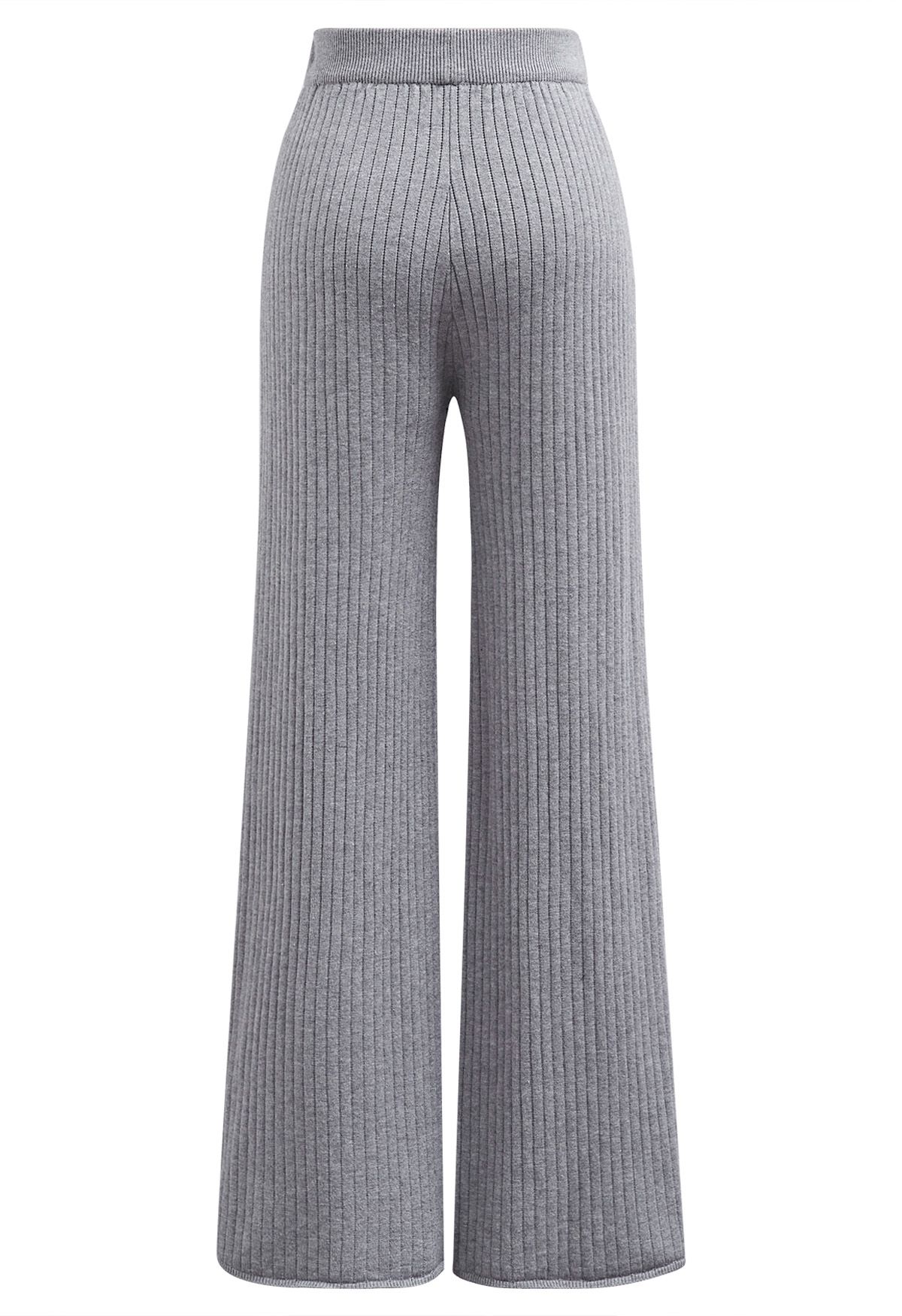 Buttoned Hem Ribbed Knit Pants in Grey