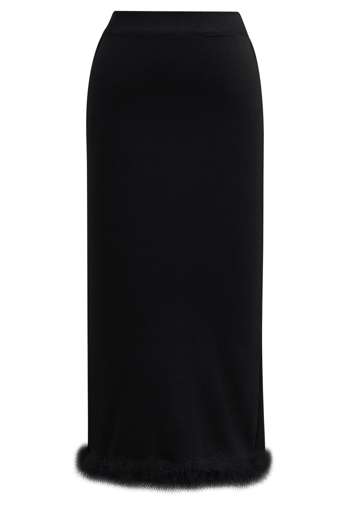 Feather Trim Button Knit Top and Midi Skirt Set in Black