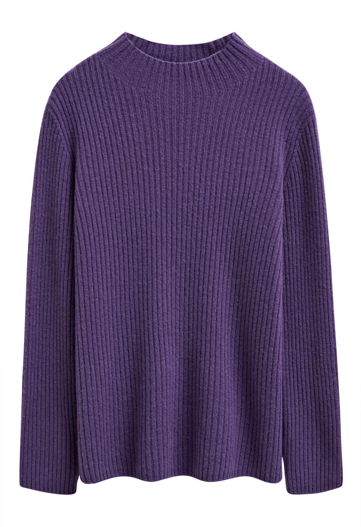 Elemental Mock Neck Long-Sleeve Wool Sweater in Purple