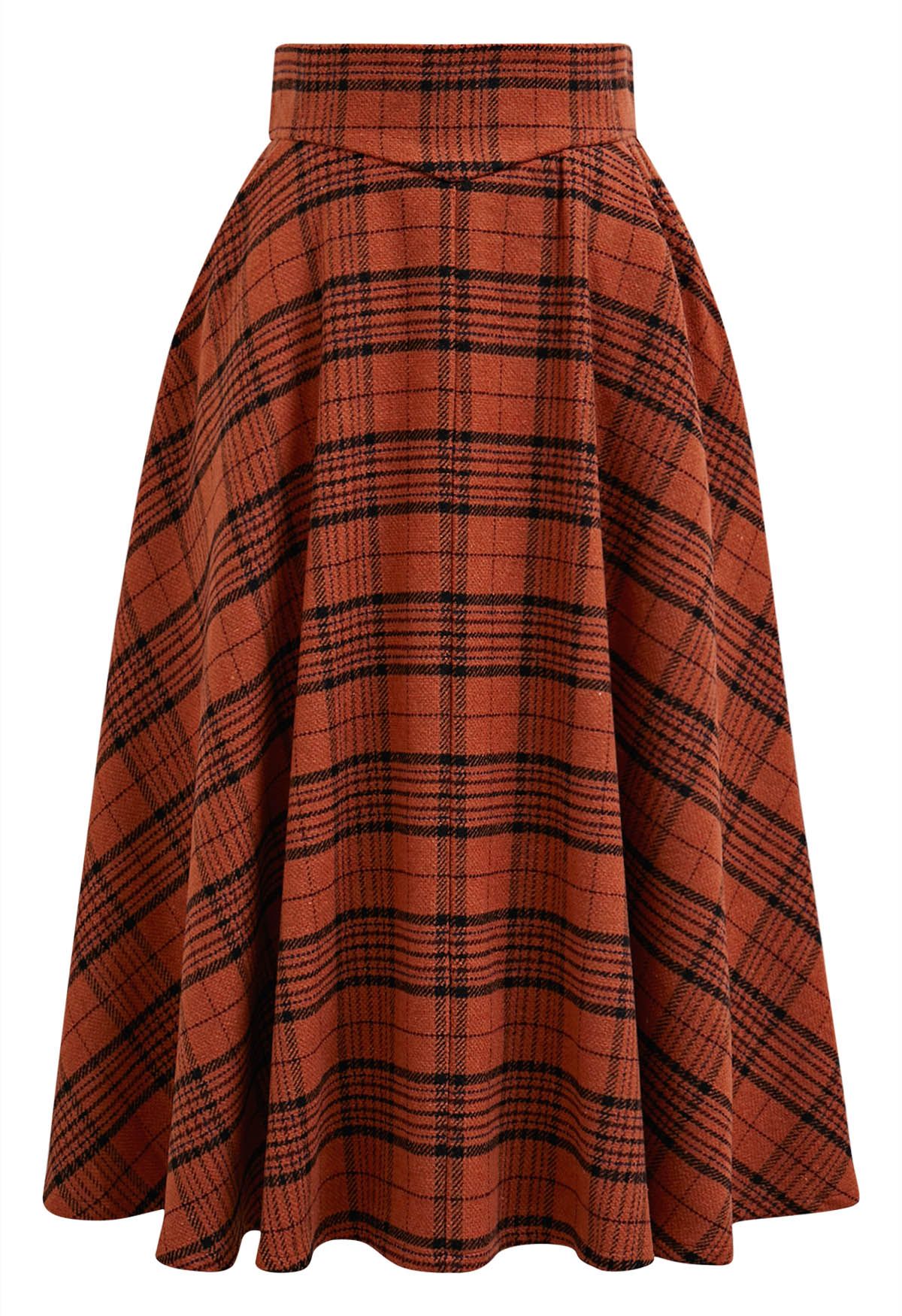 Autumnal Plaid Side Pocket Midi Skirt