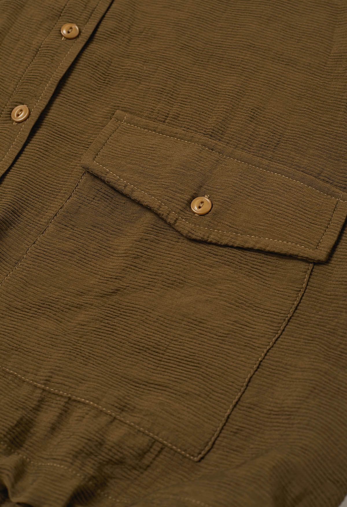 Collared Button Down Drawstring Shirt in Brown