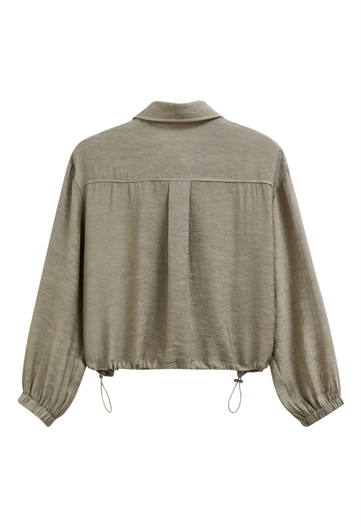 Collared Button Down Drawstring Shirt in Khaki