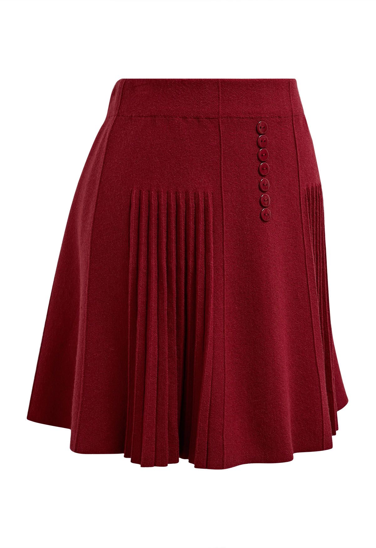 Refined Pleats Button Trim Knitted Mini Skirt in Red