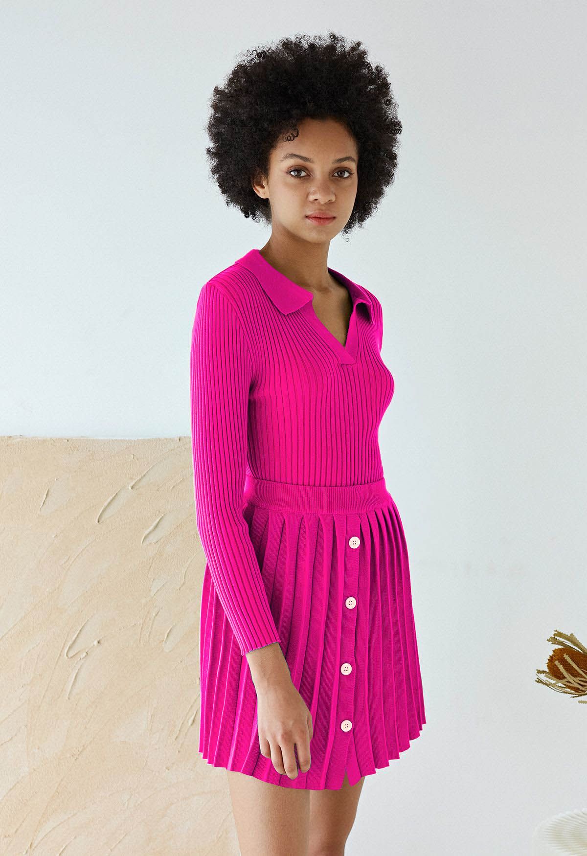 Collared V-Neck Knit Top and Pleated Skirt Set in Hot Pink