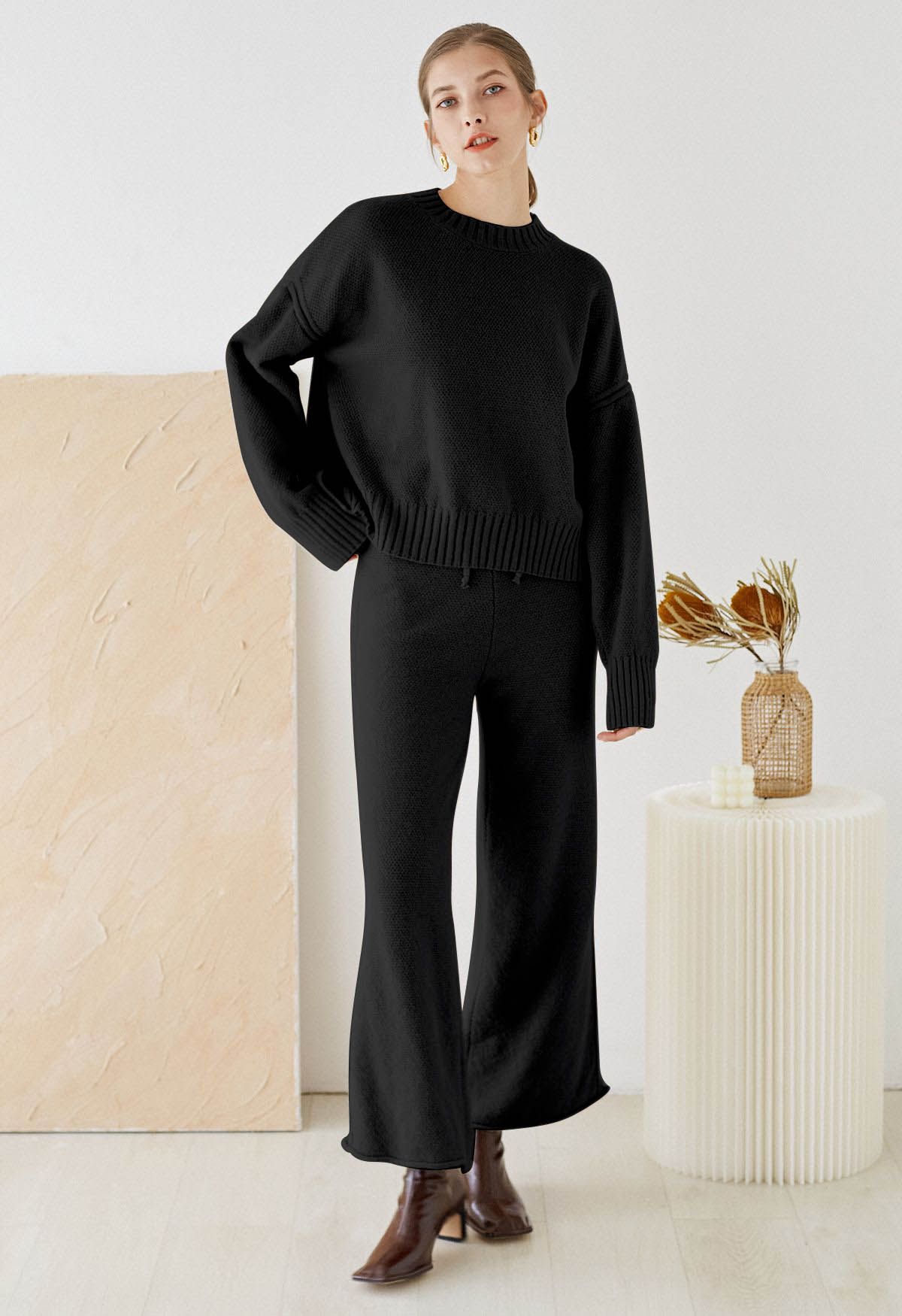 Waffle Knit Hi-Lo Sweater and Wide Leg Pants Set in Black