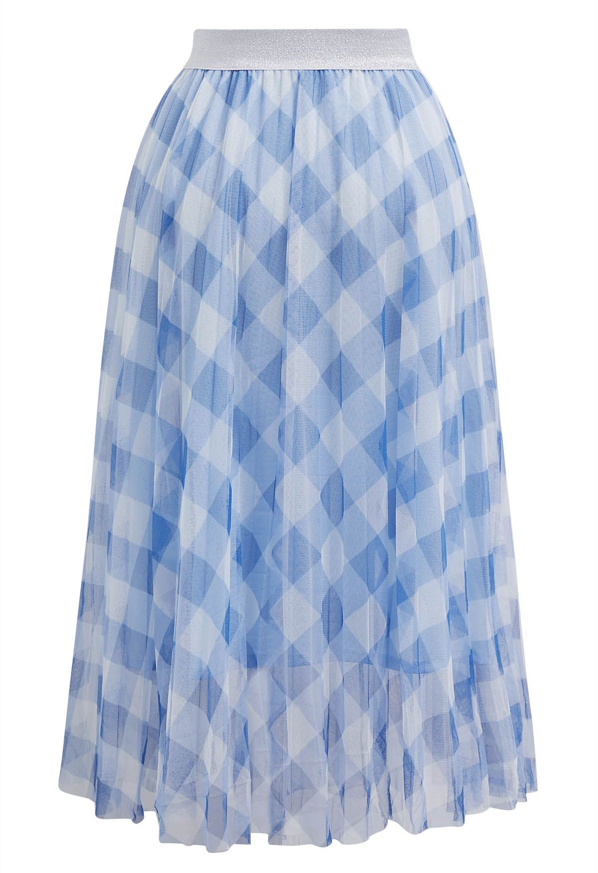 Gingham Print Mesh Tulle Midi Skirt in Blue