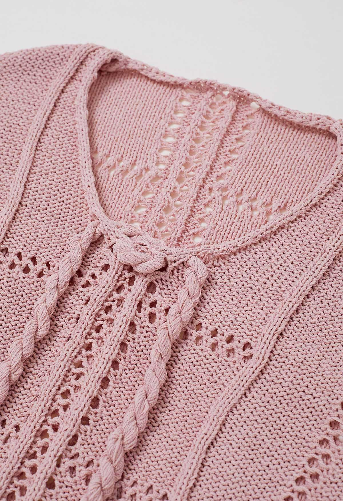 Hollow Out Tie-Neck Knit Top in Pink