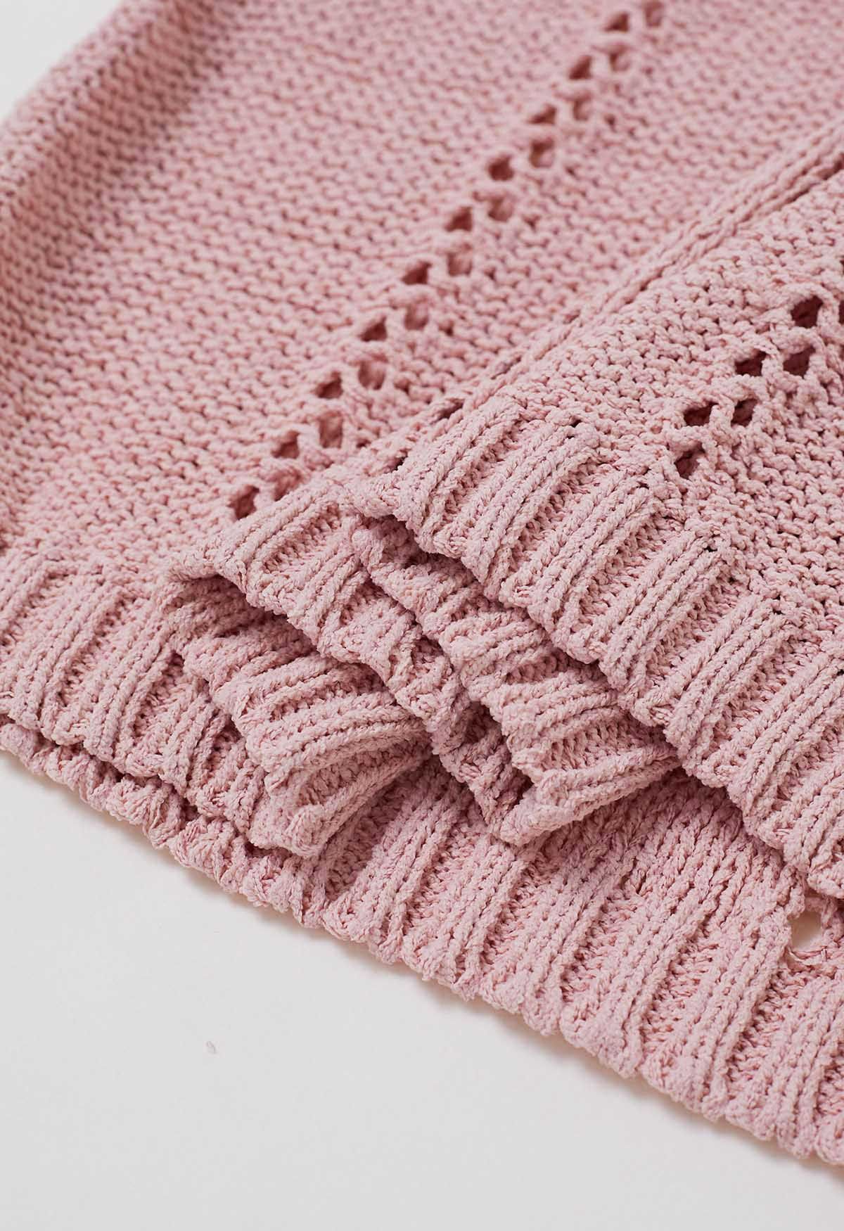 Hollow Out Tie-Neck Knit Top in Pink