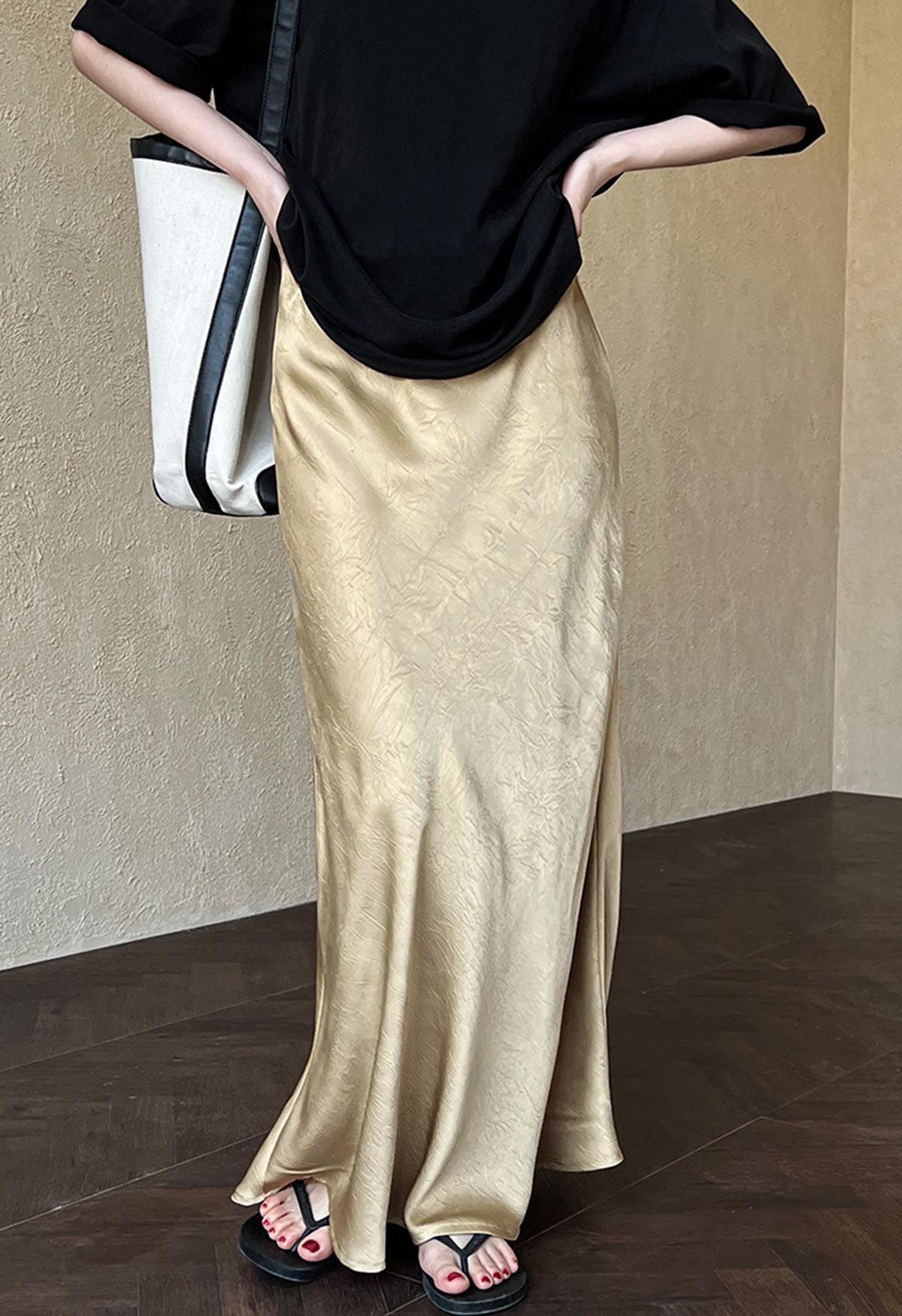 Satin Embossed Texture Mermaid Maxi Skirt in Champagne