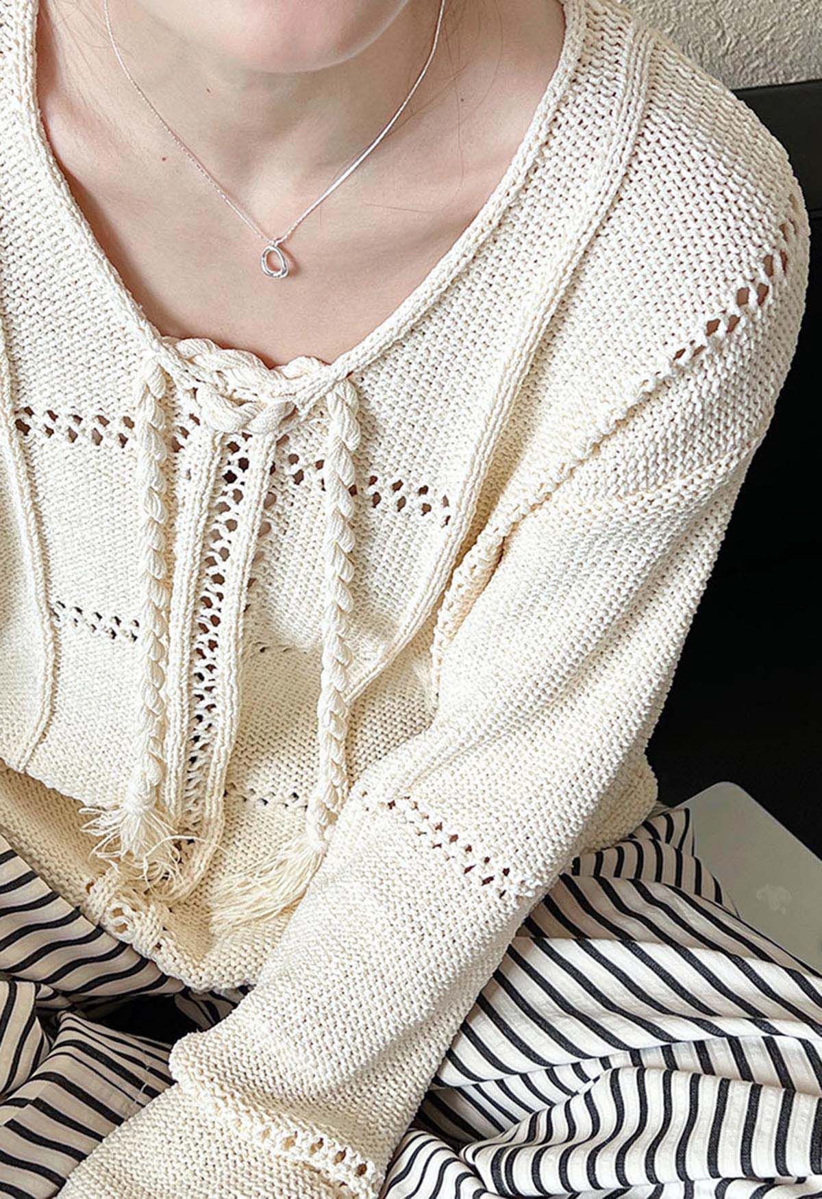 Hollow Out Tie-Neck Knit Top in Cream